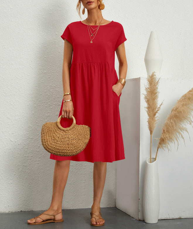 Summer Short-sleeved Dress With Pockets Fashion Solid Round Neck A-line Dresses For Women Clothing