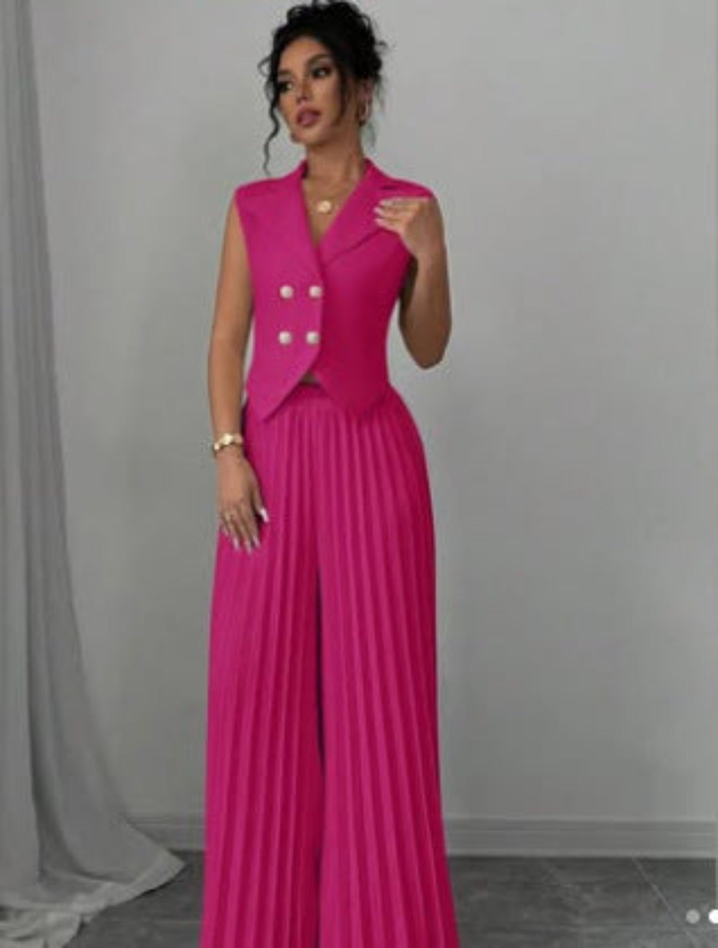 Summer Sleeveless Suit Fashion Lapel Button Vest Top And Pleated Straight Pants Women's Trousers Set Clothing