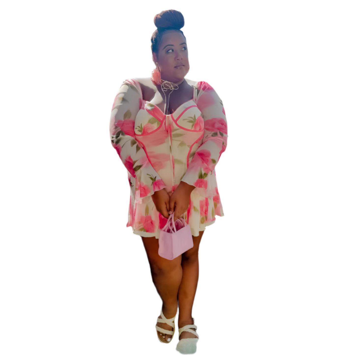 Women's Flared Long Sleeve Tied Lotus Leaf Flower Print Dress