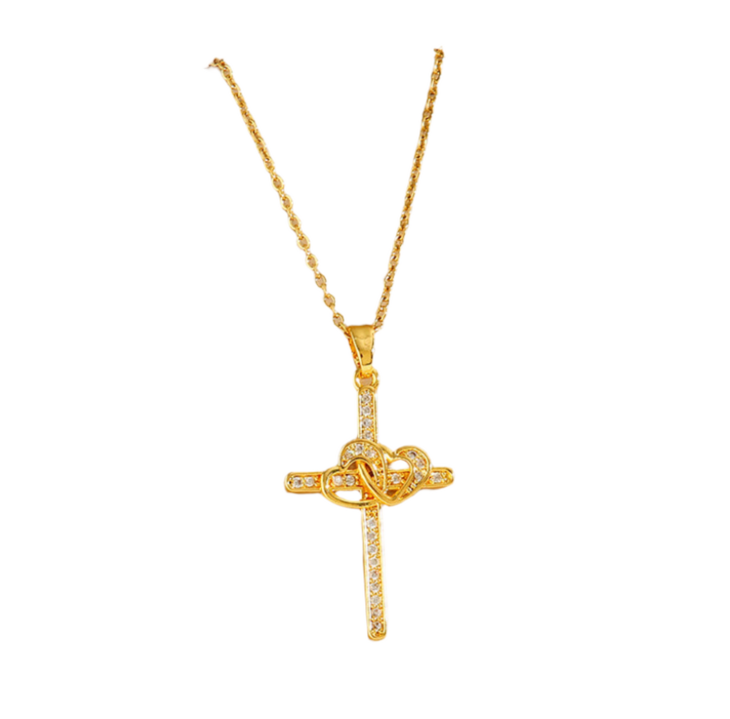 Cross Double Ring Love Heart Surrounded Zircon Pendant Necklace Valentines Day Gift