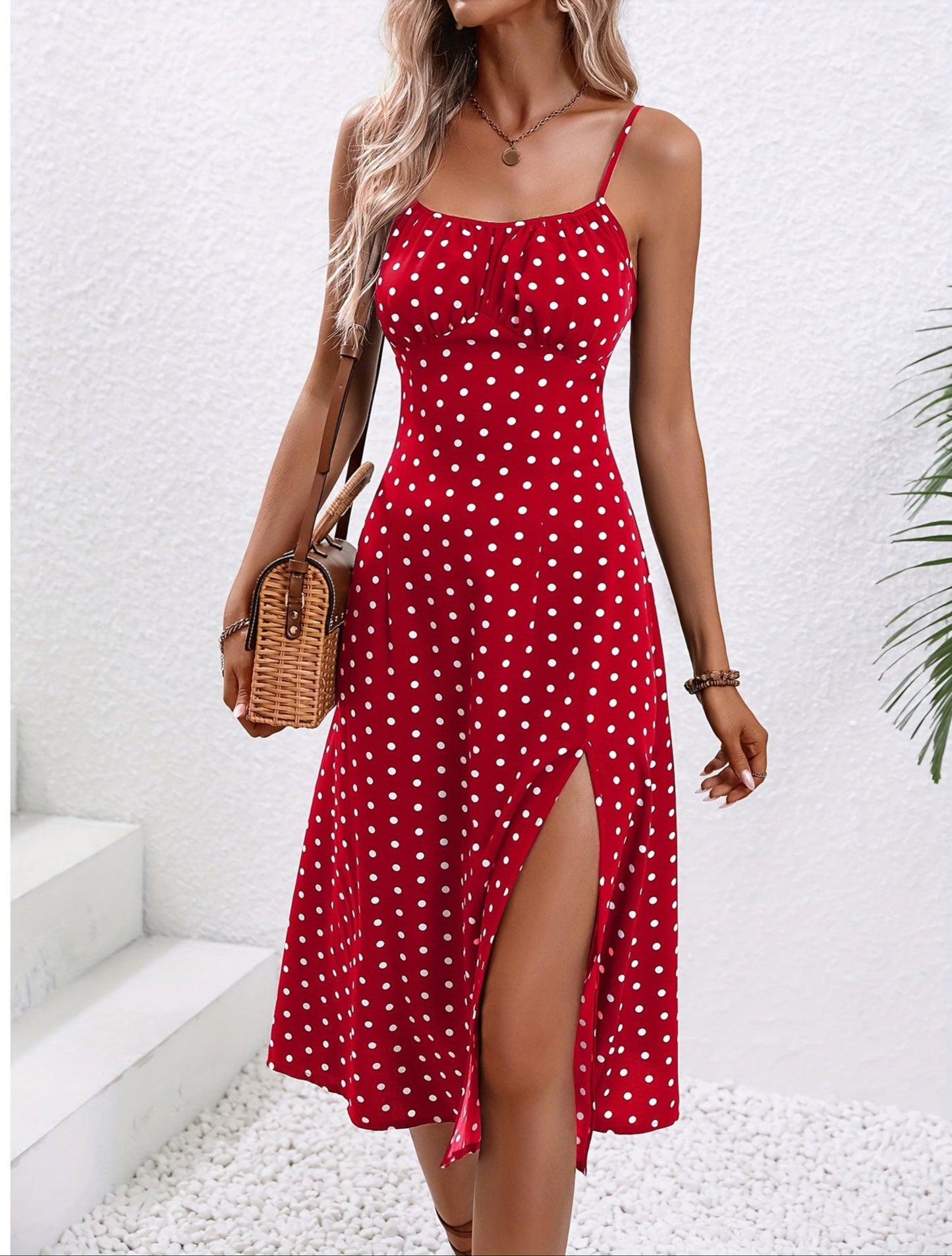 New Polka Dot Print Suspender Dress Summer Sexy Split Long Dresses For Womens Clothing