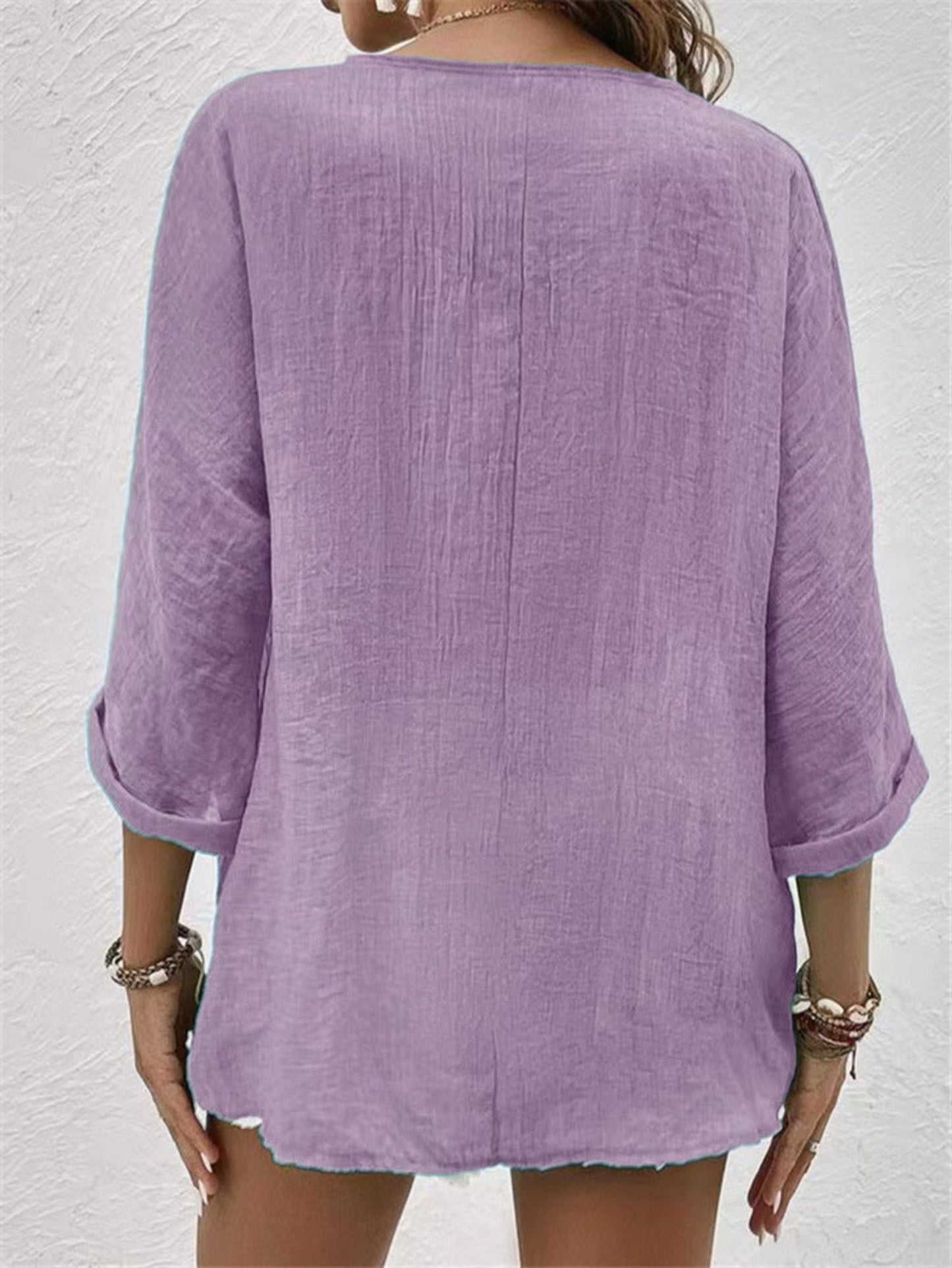 V-neck Long-sleeved T-shirt Fashion Solid Color Button Top Casual Loose Clothing For Women