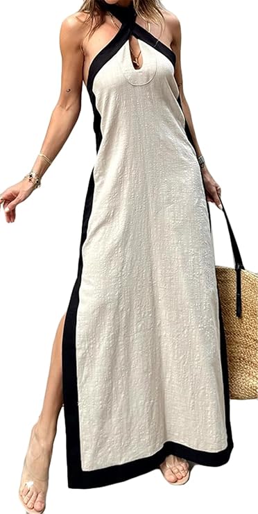 Cotton And Linen Backless Halter Split Dress