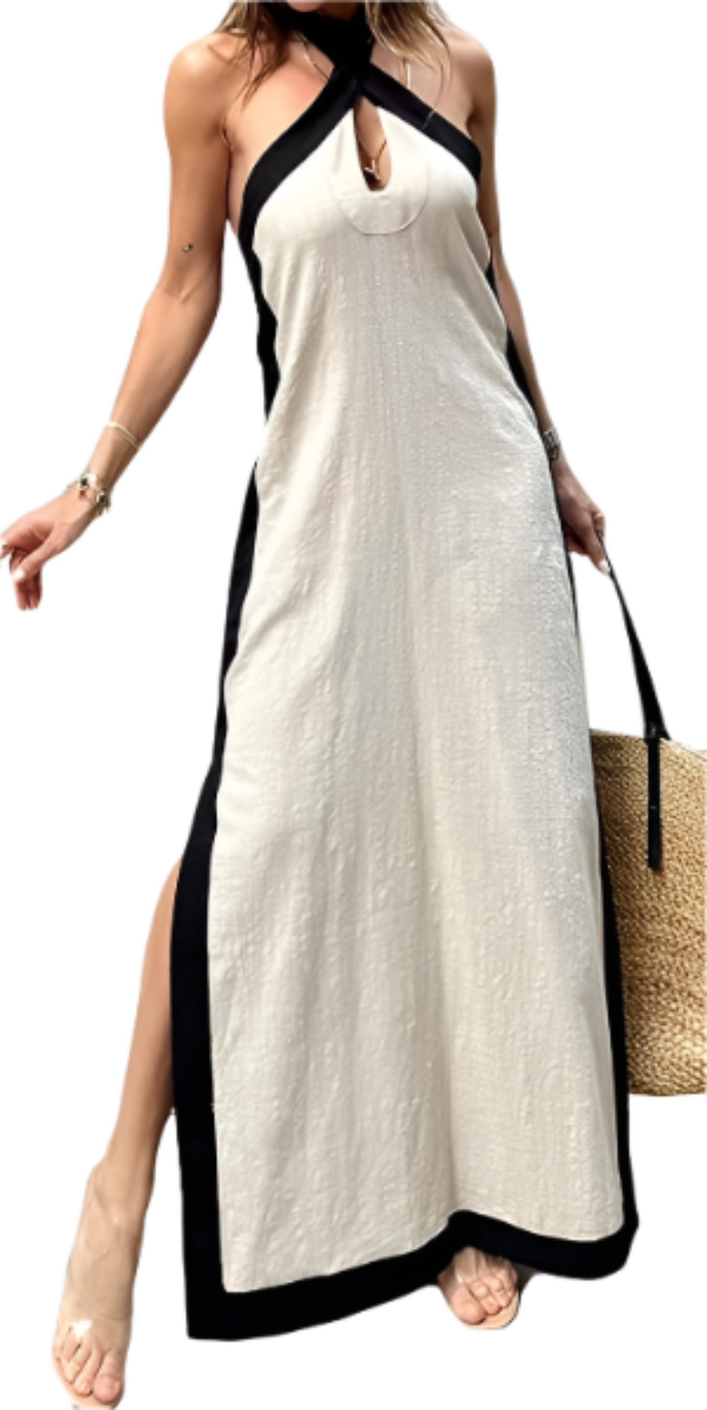 Cotton And Linen Backless Halter Split Dress