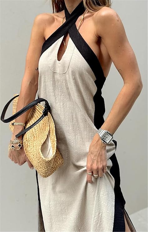 Cotton And Linen Backless Halter Split Dress