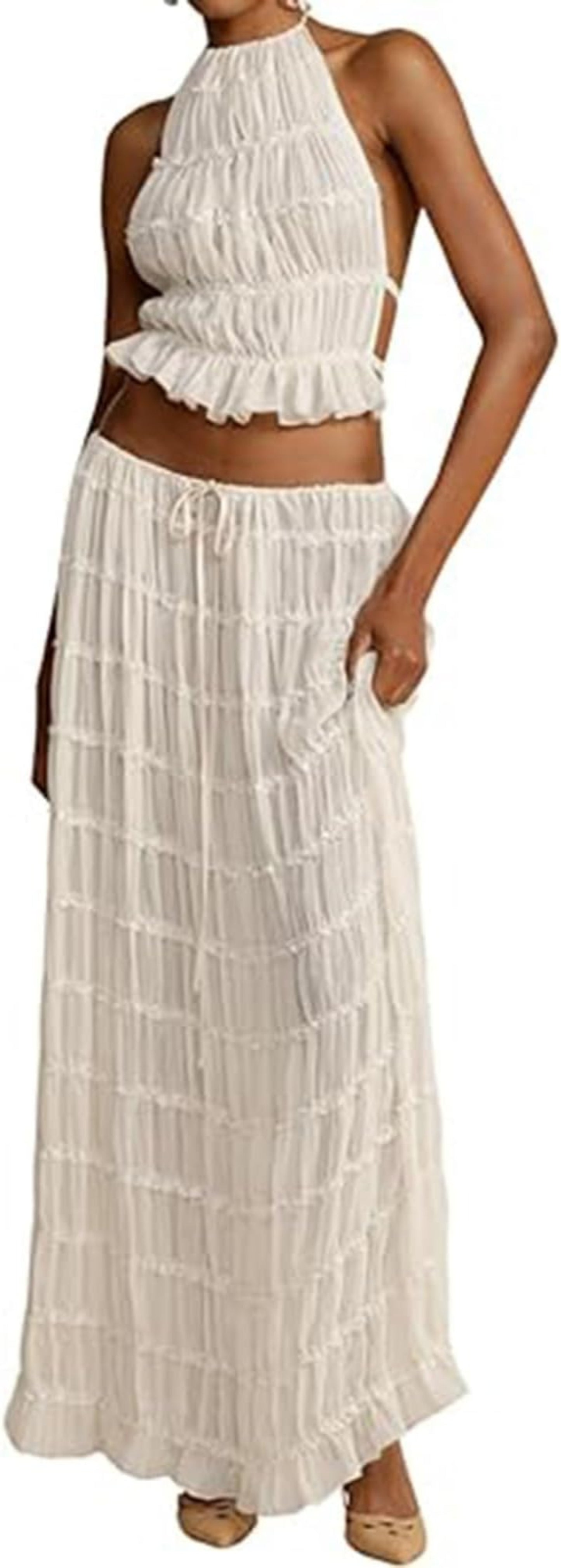 2pcs Women's Dress Suit Sexy Sleeveless Backless Cropped Halter Top And Pleated Long Skirt Beach Clothing