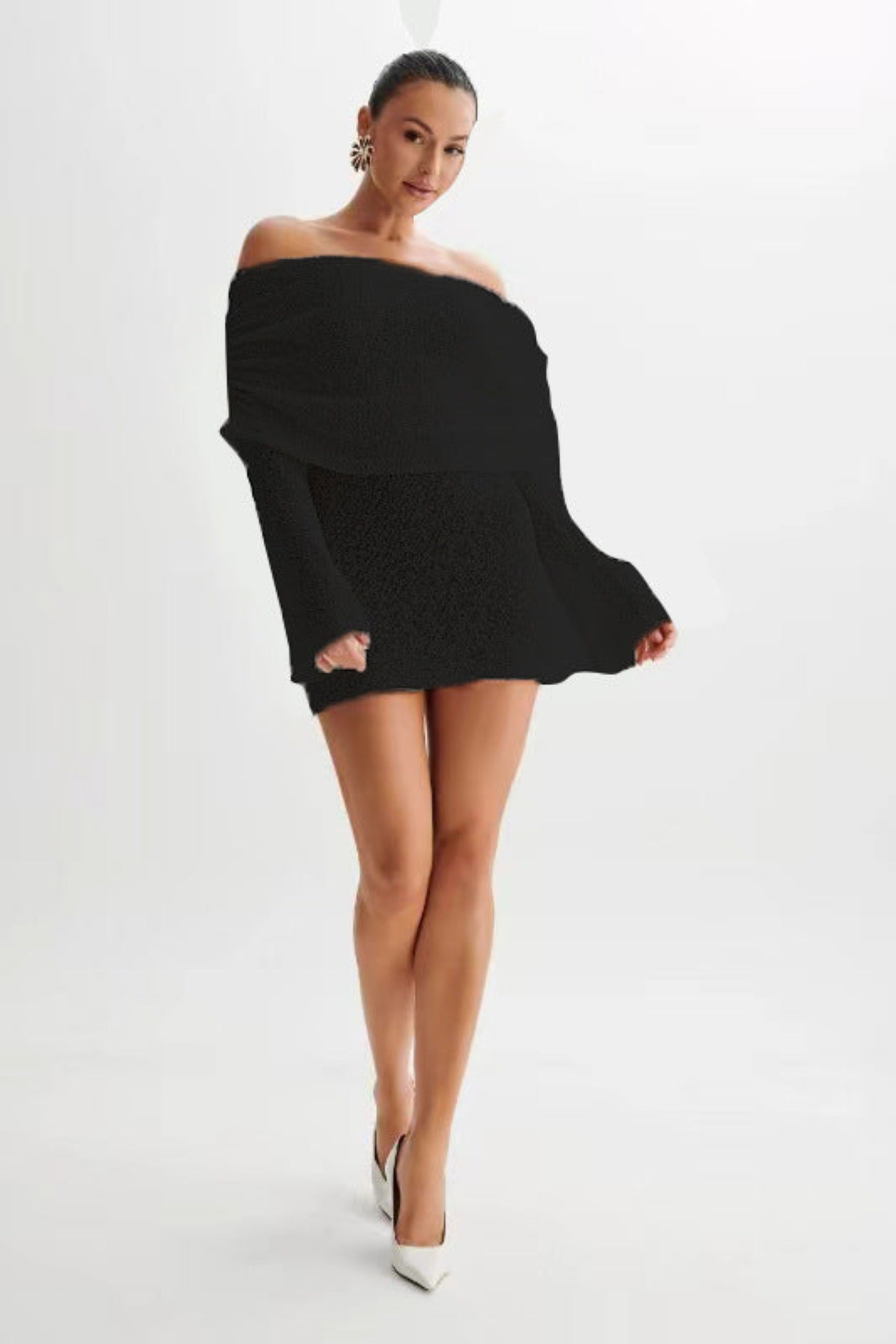 Women's Hollow-out Long-sleeved Off-shoulder Dress Short Skirt