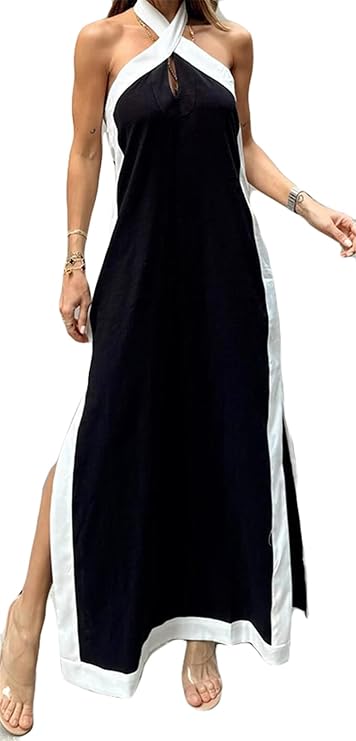 Cotton And Linen Backless Halter Split Dress