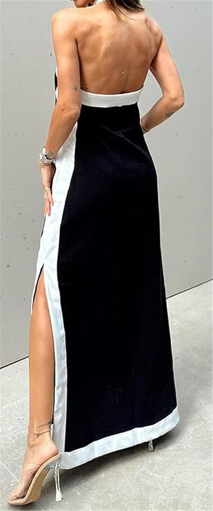 Cotton And Linen Backless Halter Split Dress
