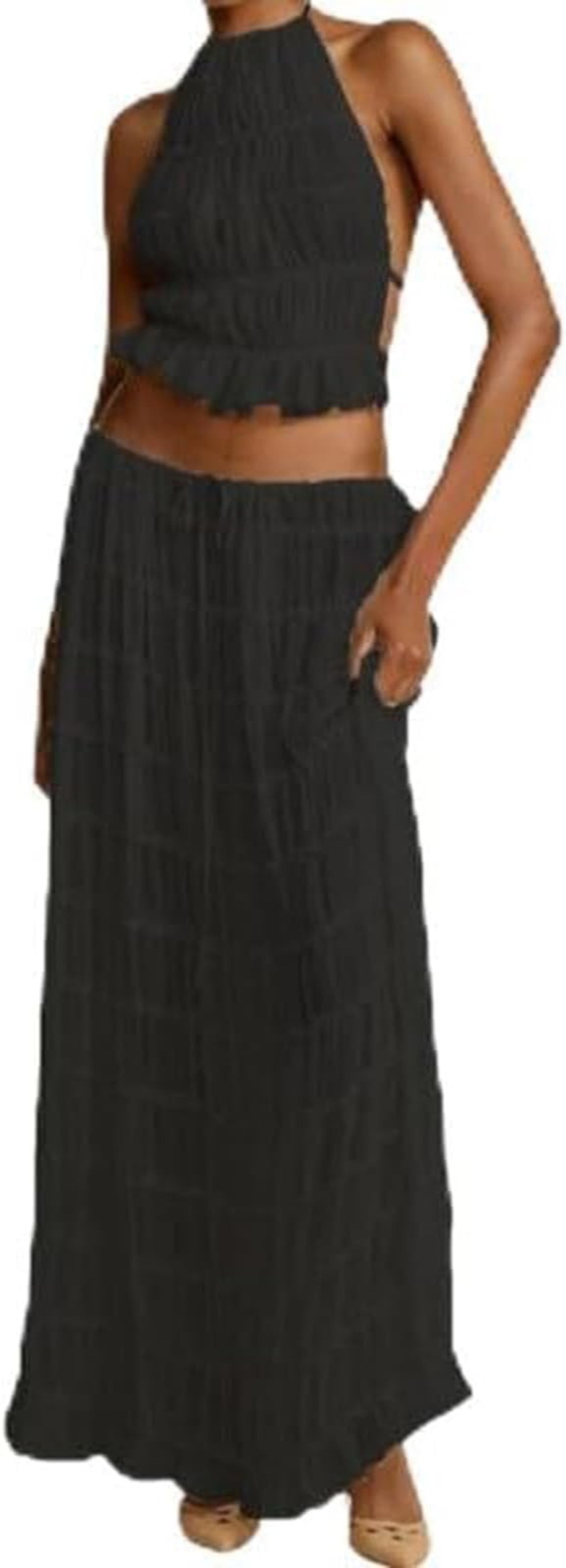 2pcs Women's Dress Suit Sexy Sleeveless Backless Cropped Halter Top And Pleated Long Skirt Beach Clothing