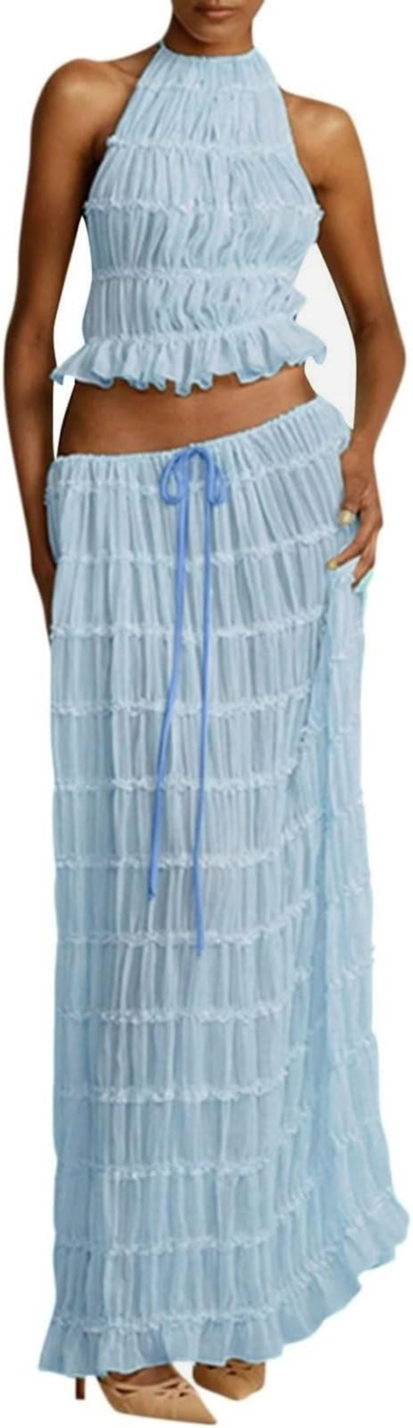 2pcs Women's Dress Suit Sexy Sleeveless Backless Cropped Halter Top And Pleated Long Skirt Beach Clothing