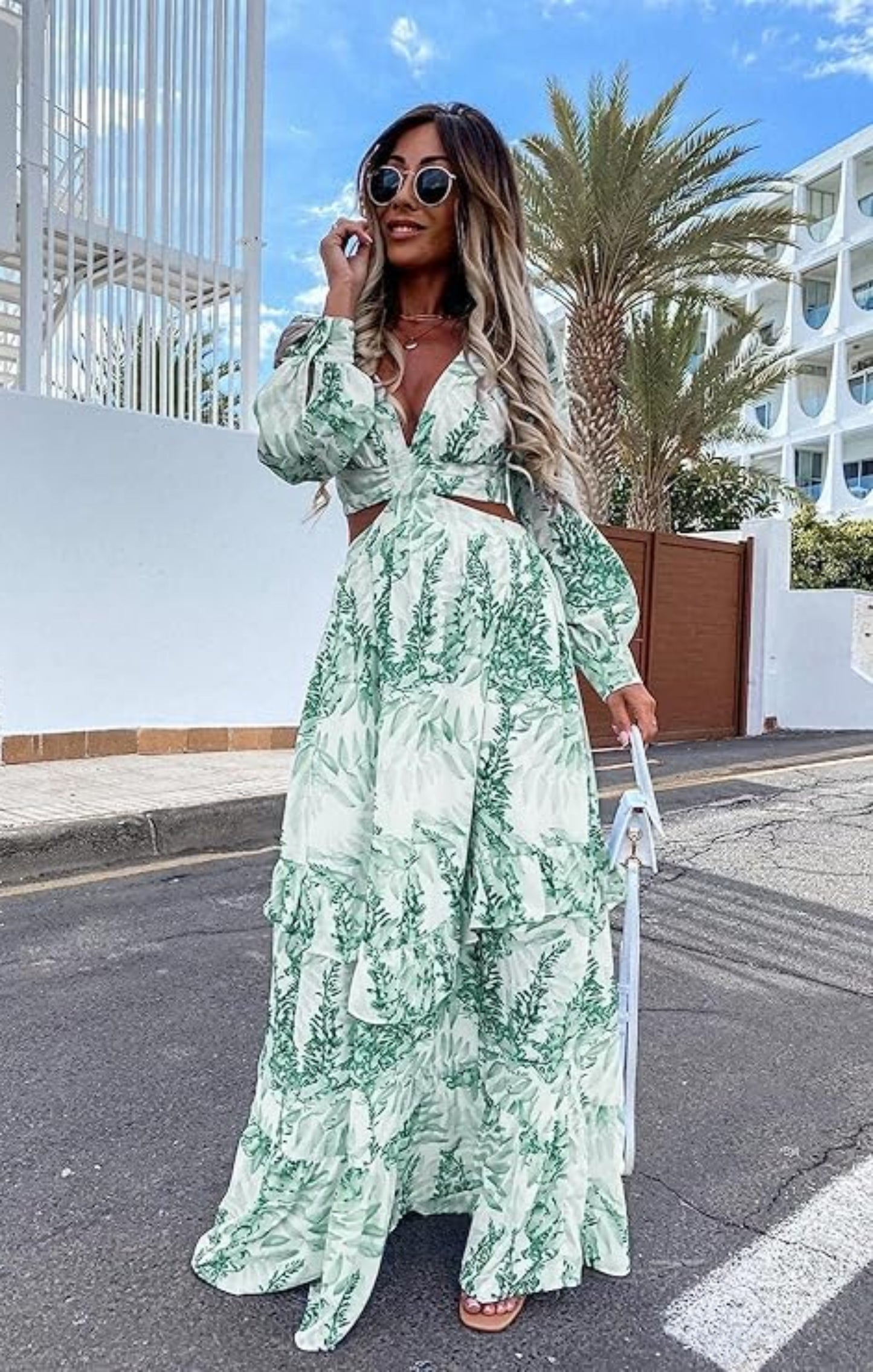 Hollow Floor V-neck Long-sleeved Plant Dress