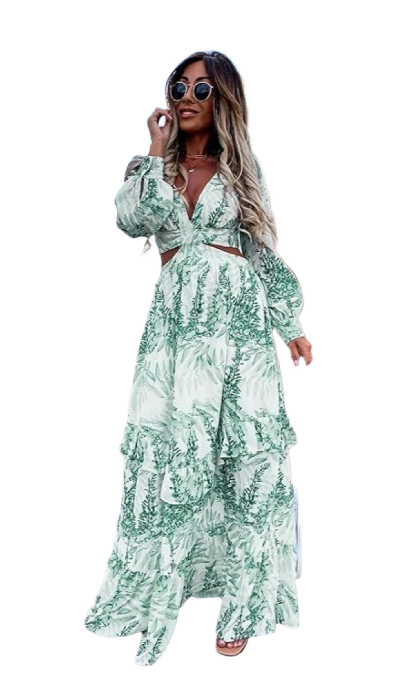 Hollow Floor V-neck Long-sleeved Plant Dress