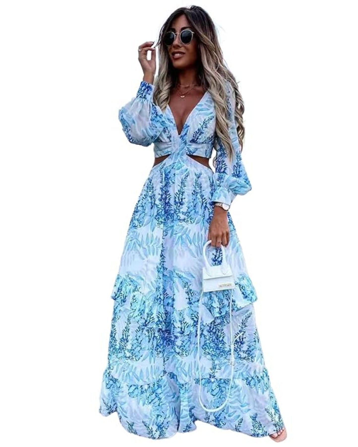 Hollow Floor V-neck Long-sleeved Plant Dress