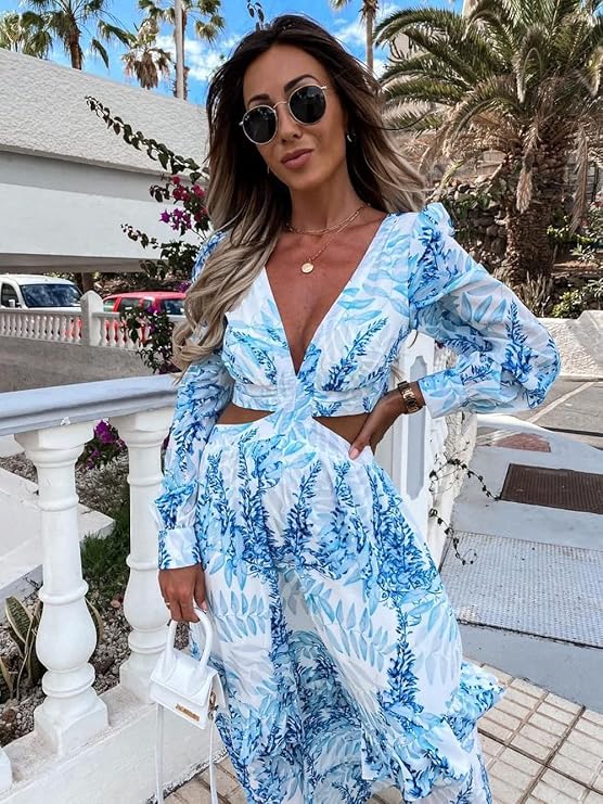Hollow Floor V-neck Long-sleeved Plant Dress