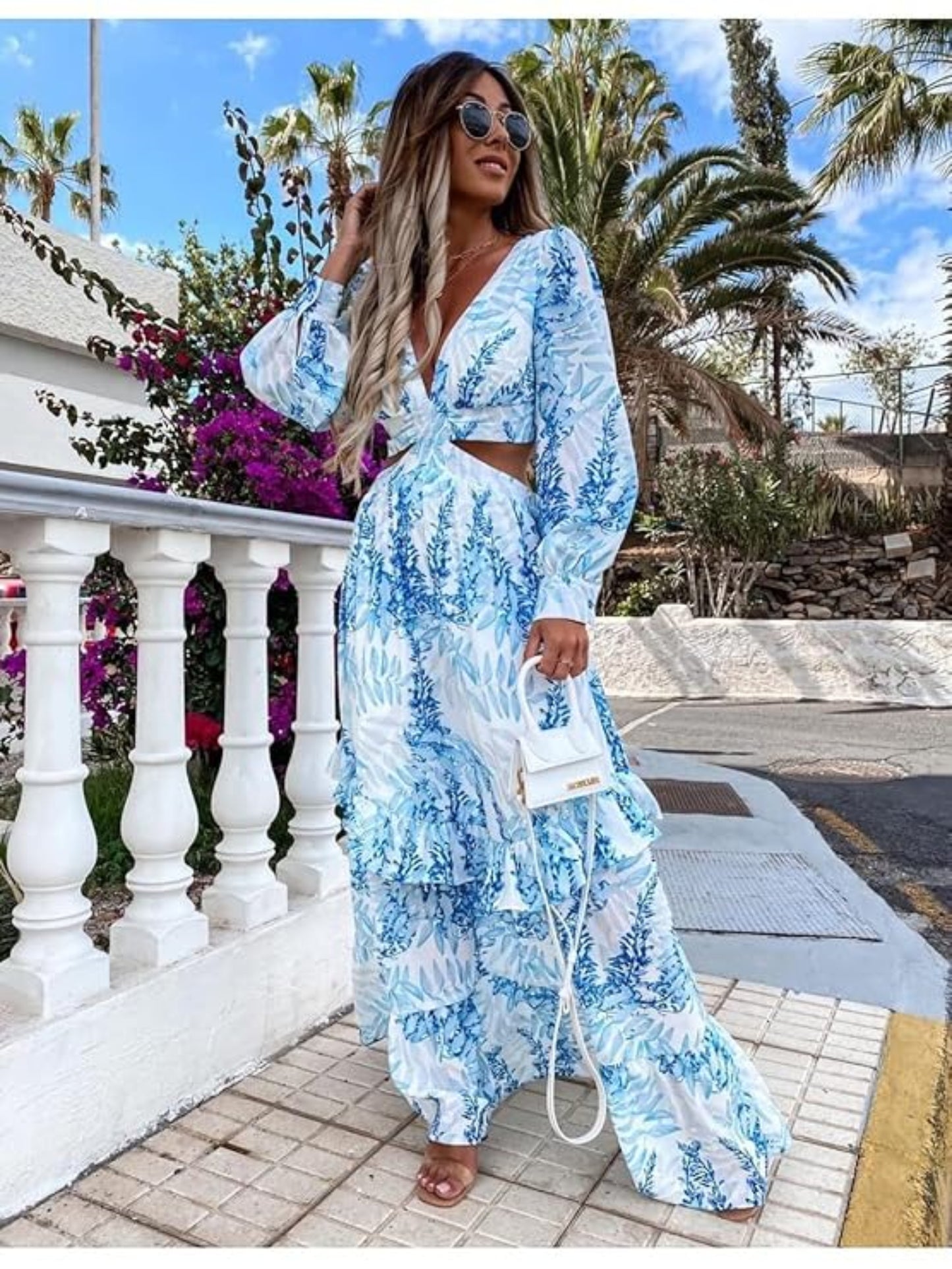 Hollow Floor V-neck Long-sleeved Plant Dress