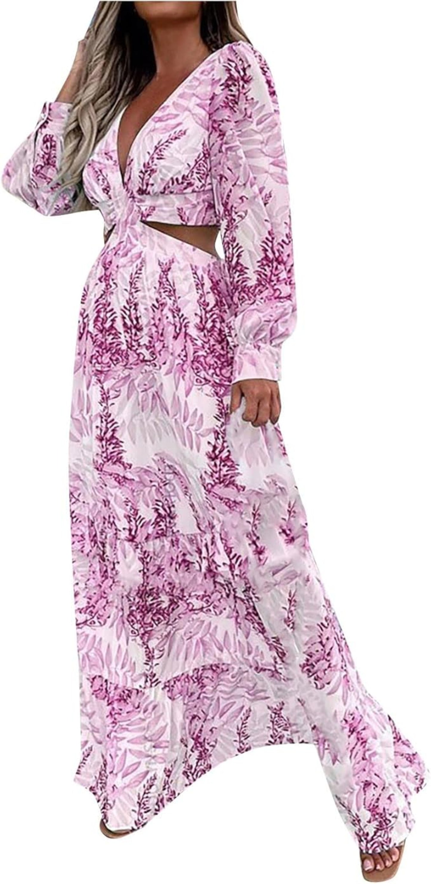 Hollow Floor V-neck Long-sleeved Plant Dress