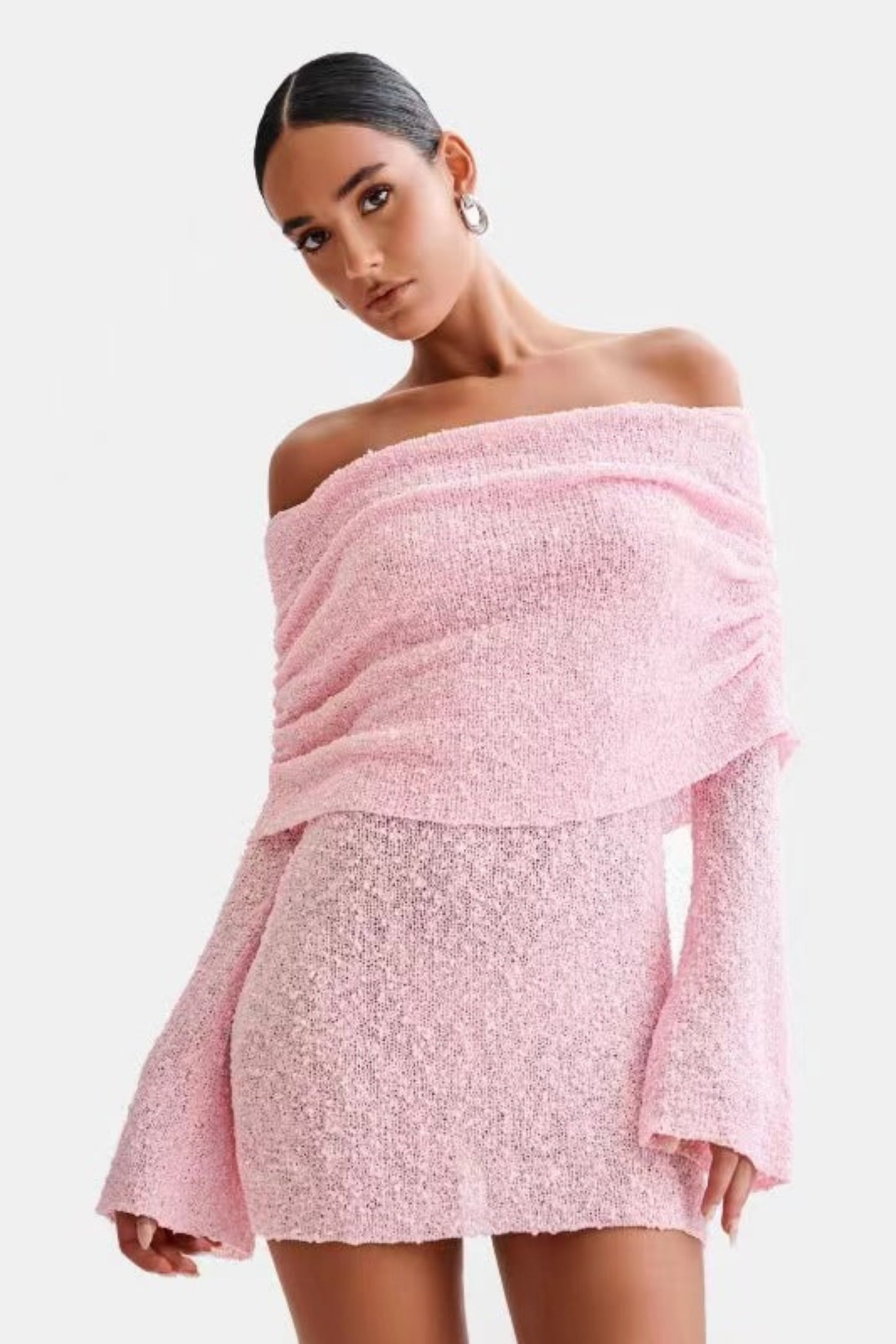 Women's Hollow-out Long-sleeved Off-shoulder Dress Short Skirt