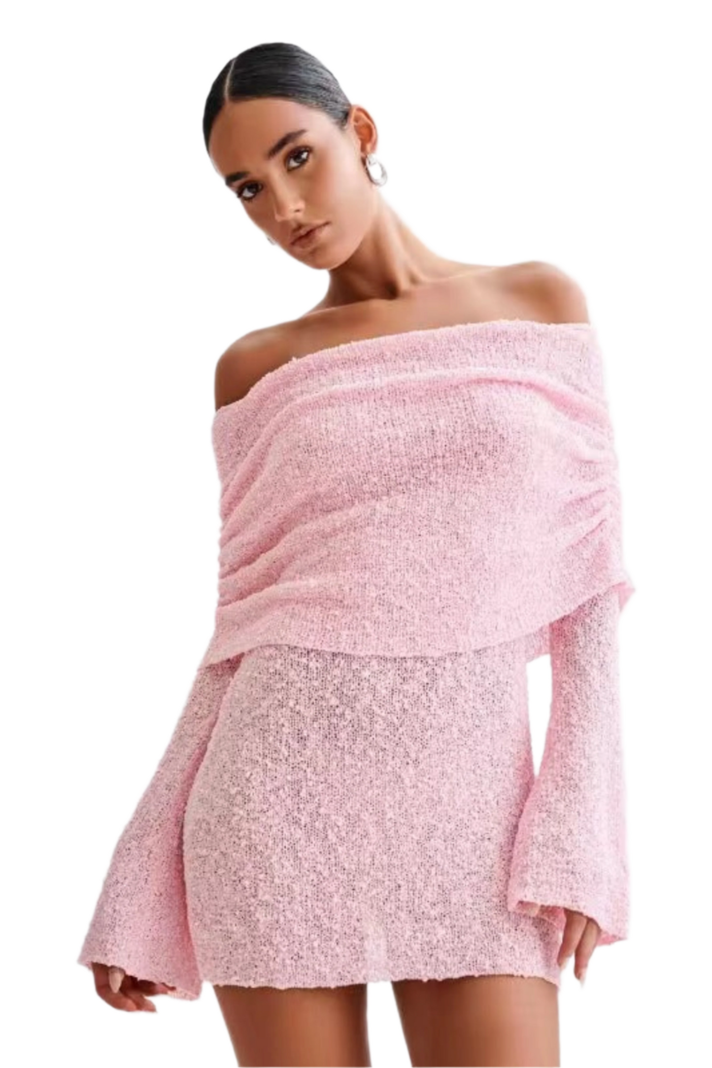 Women's Hollow-out Long-sleeved Off-shoulder Dress Short Skirt