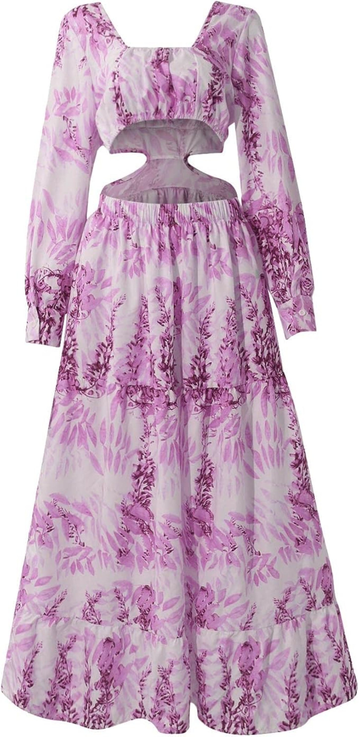 Hollow Floor V-neck Long-sleeved Plant Dress