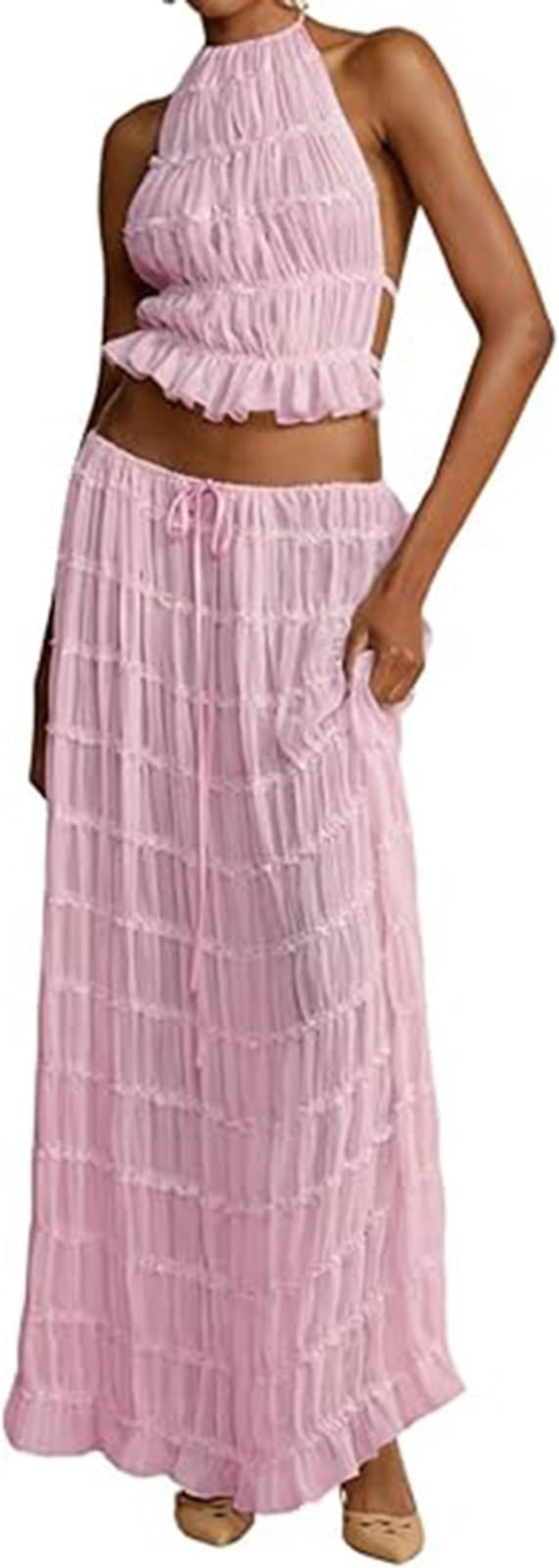 2pcs Women's Dress Suit Sexy Sleeveless Backless Cropped Halter Top And Pleated Long Skirt Beach Clothing