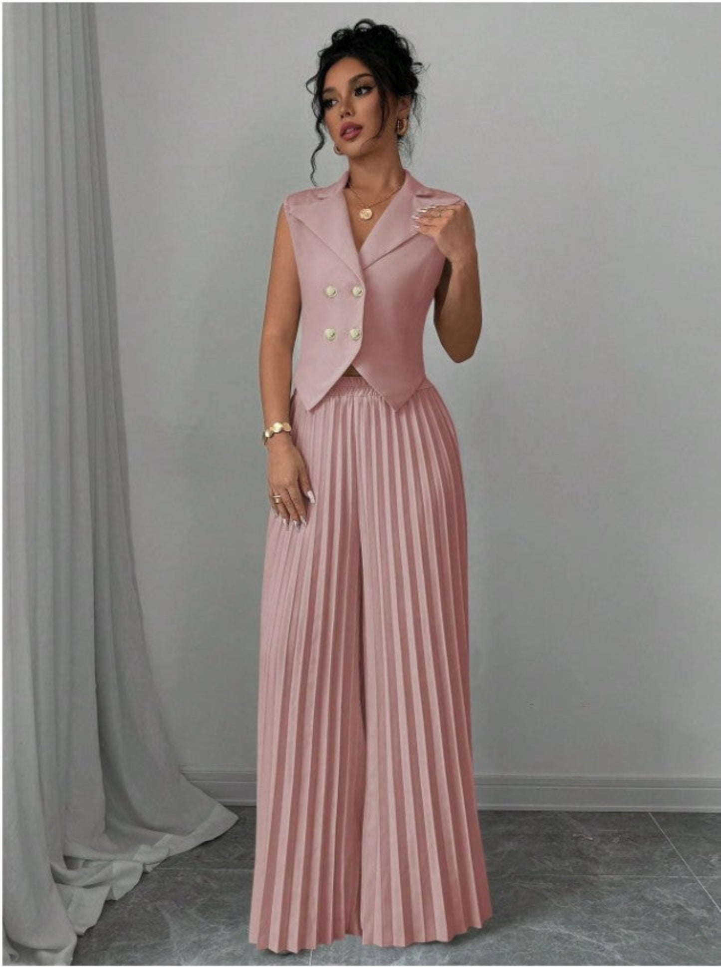 Summer Sleeveless Suit Fashion Lapel Button Vest Top And Pleated Straight Pants Women's Trousers Set Clothing