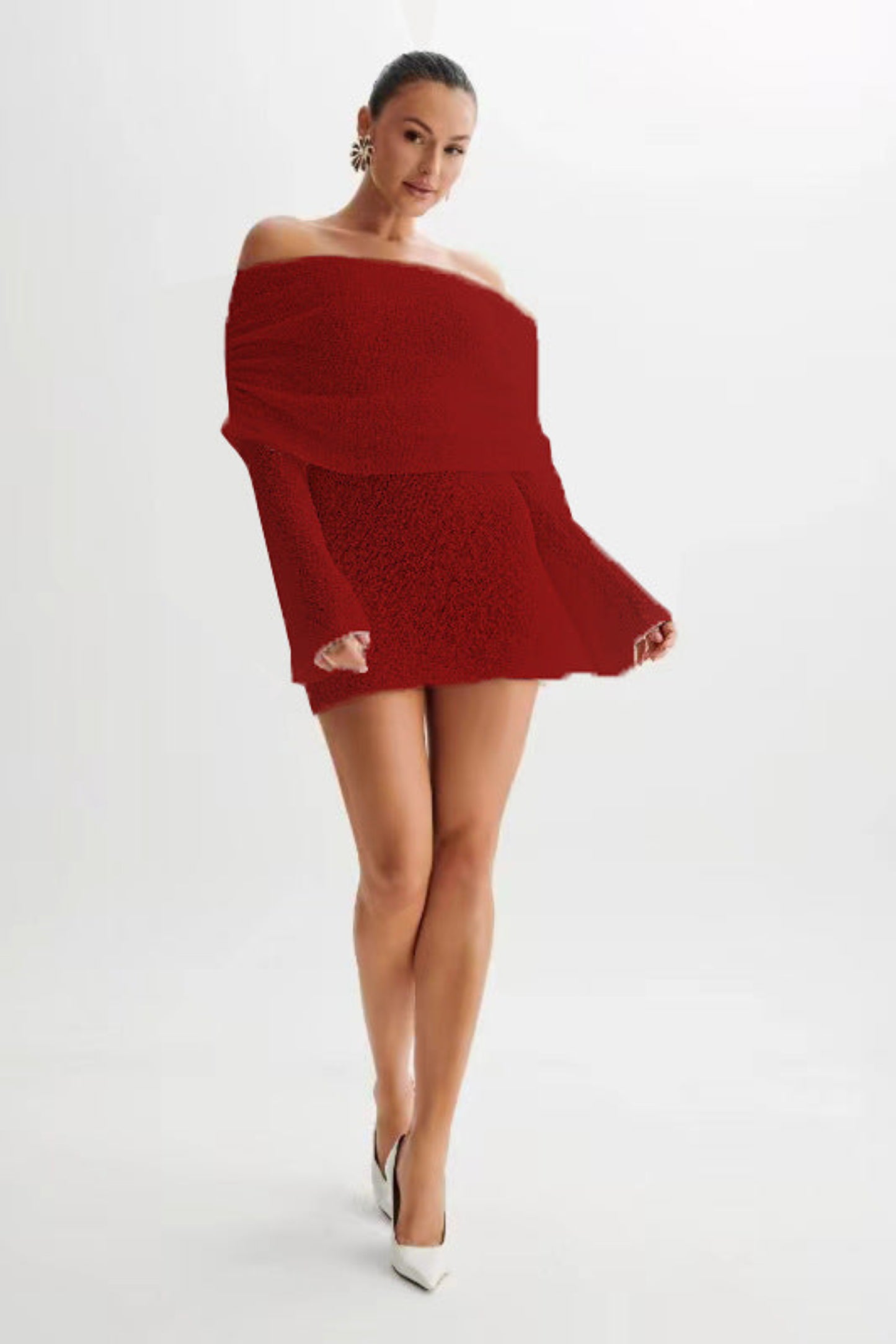 Women's Hollow-out Long-sleeved Off-shoulder Dress Short Skirt
