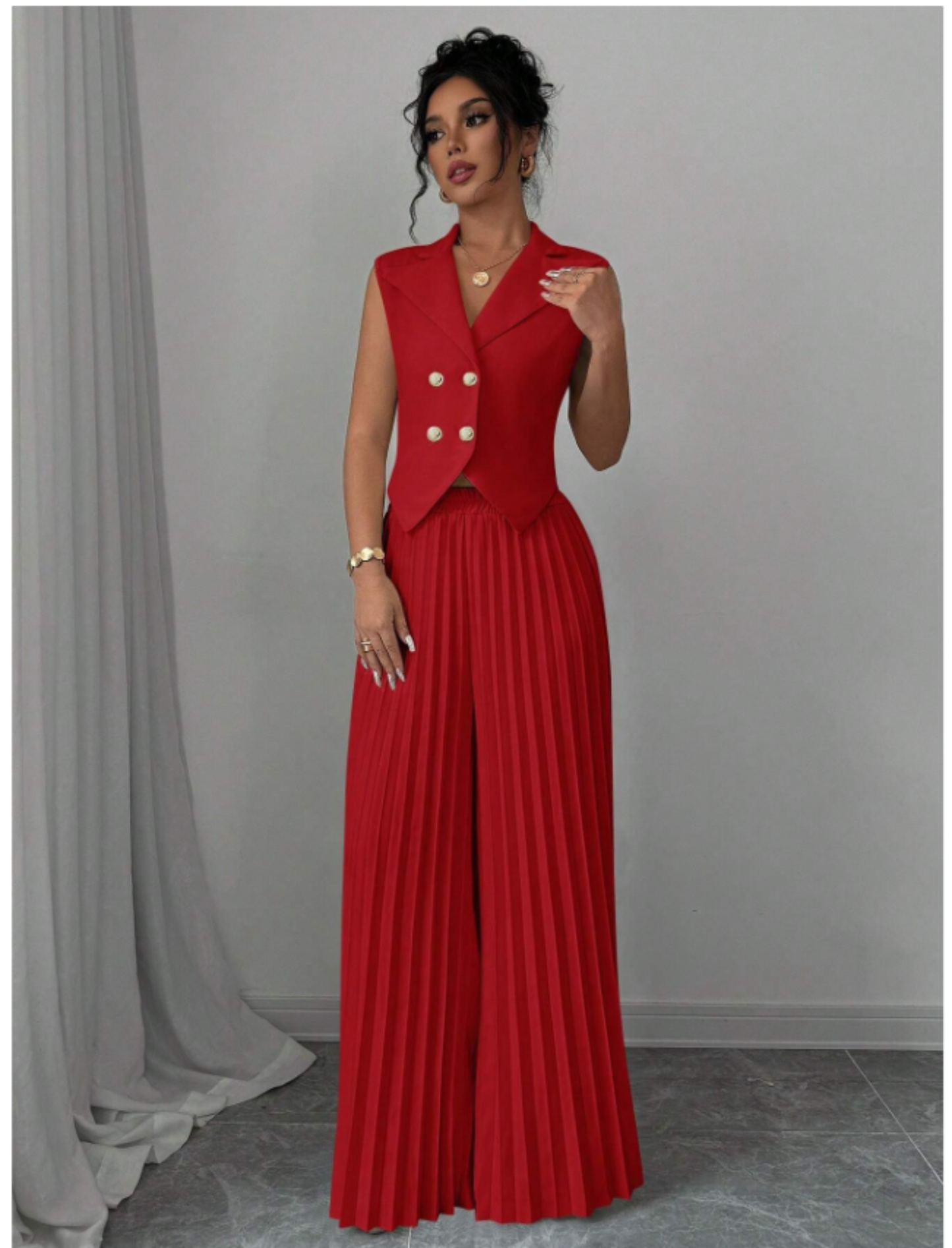 Summer Sleeveless Suit Fashion Lapel Button Vest Top And Pleated Straight Pants Women's Trousers Set Clothing