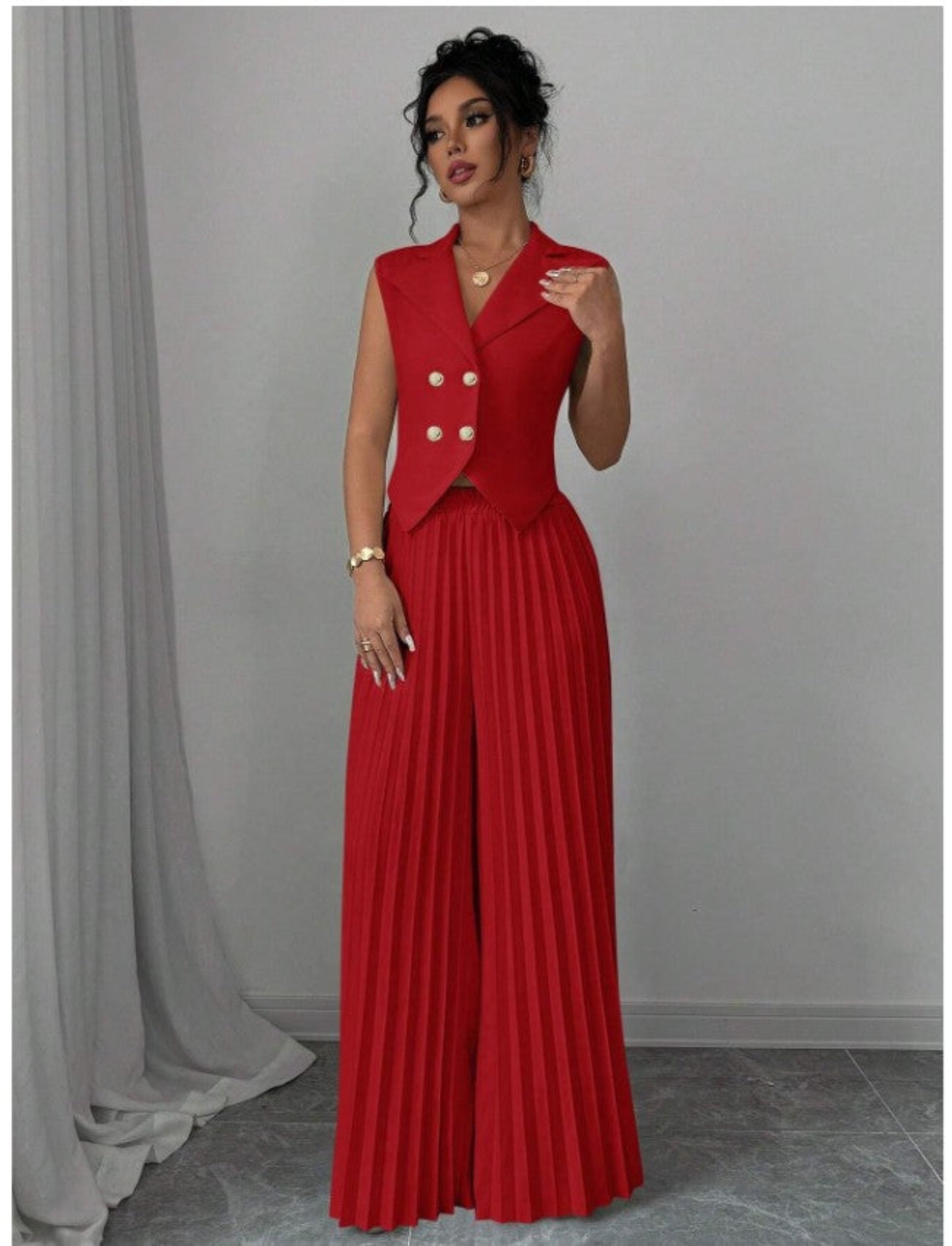 Summer Sleeveless Suit Fashion Lapel Button Vest Top And Pleated Straight Pants Women's Trousers Set Clothing