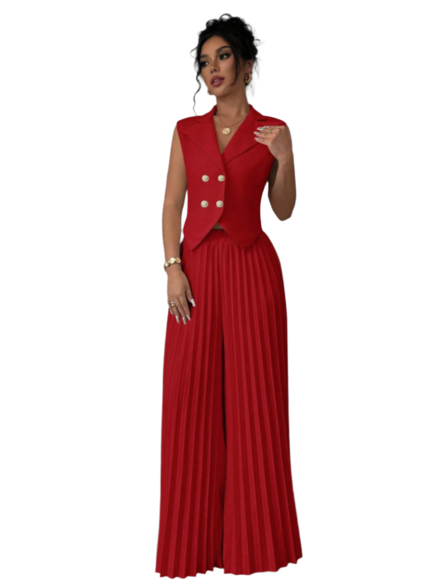 Summer Sleeveless Suit Fashion Lapel Button Vest Top And Pleated Straight Pants Women's Trousers Set Clothing