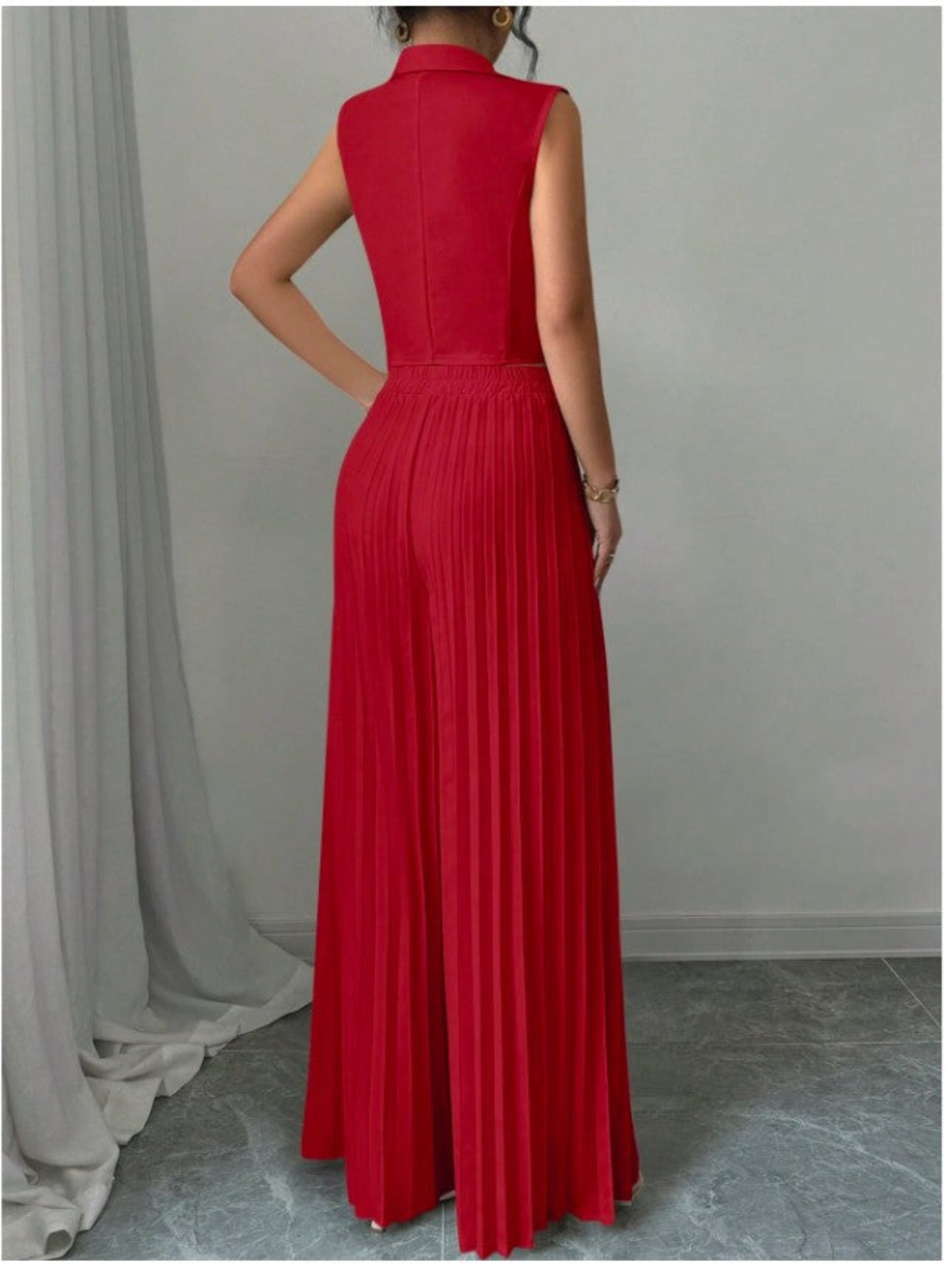 Summer Sleeveless Suit Fashion Lapel Button Vest Top And Pleated Straight Pants Women's Trousers Set Clothing