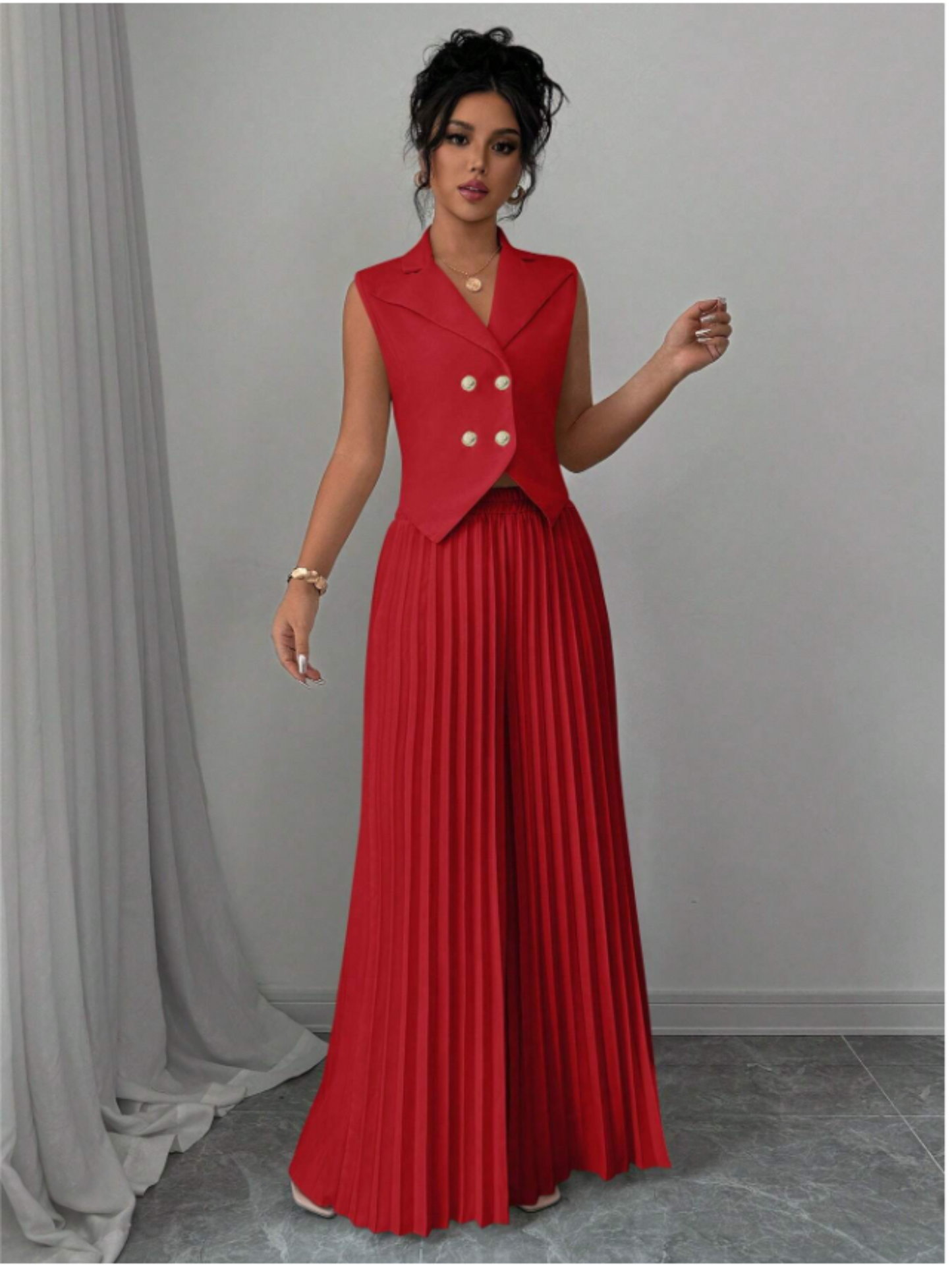 Summer Sleeveless Suit Fashion Lapel Button Vest Top And Pleated Straight Pants Women's Trousers Set Clothing