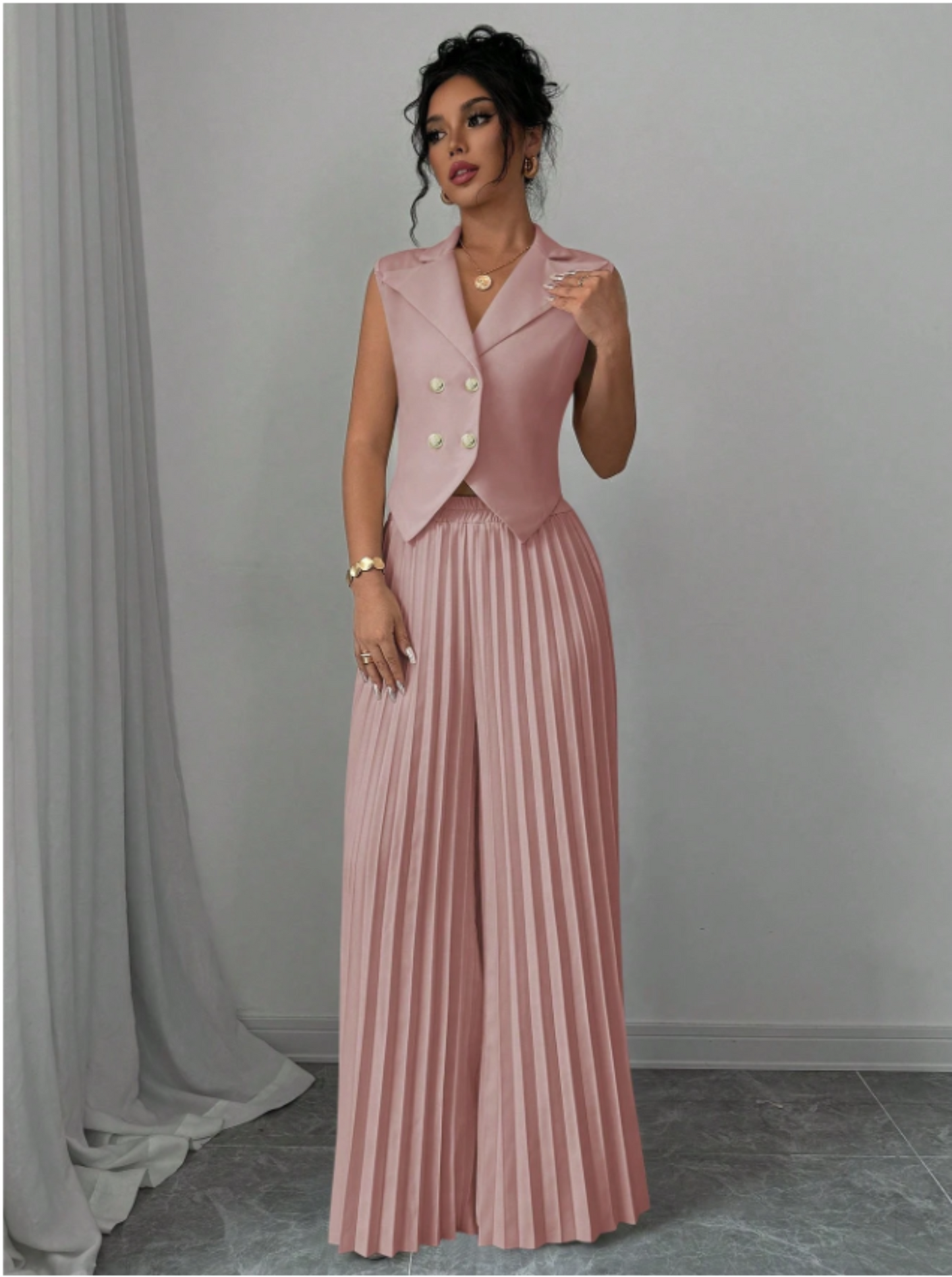 Summer Sleeveless Suit Fashion Lapel Button Vest Top And Pleated Straight Pants Women's Trousers Set Clothing