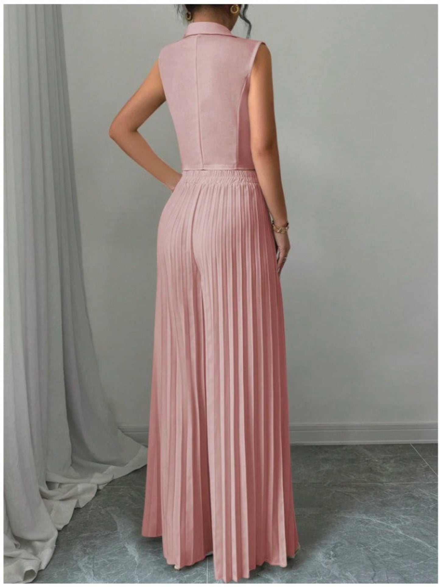 Summer Sleeveless Suit Fashion Lapel Button Vest Top And Pleated Straight Pants Women's Trousers Set Clothing