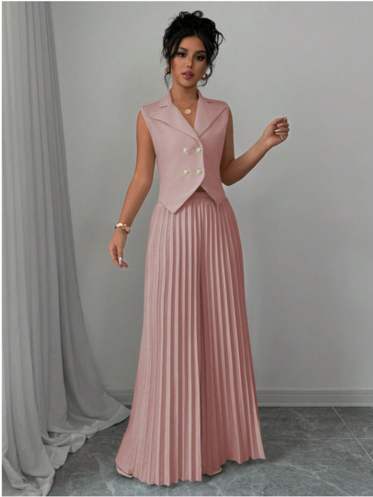 Summer Sleeveless Suit Fashion Lapel Button Vest Top And Pleated Straight Pants Women's Trousers Set Clothing