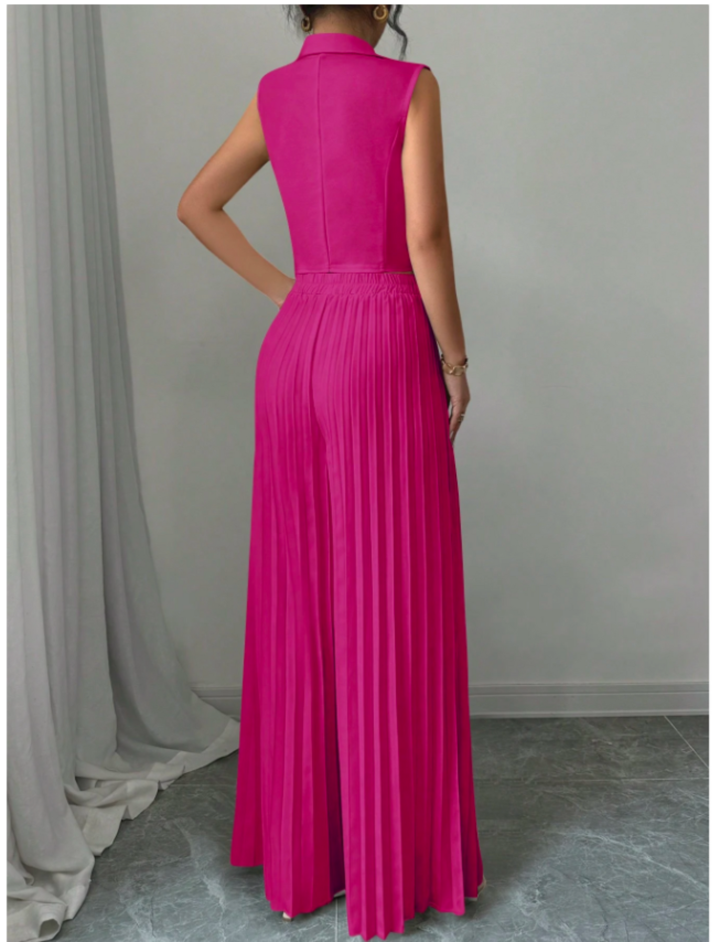 Summer Sleeveless Suit Fashion Lapel Button Vest Top And Pleated Straight Pants Women's Trousers Set Clothing