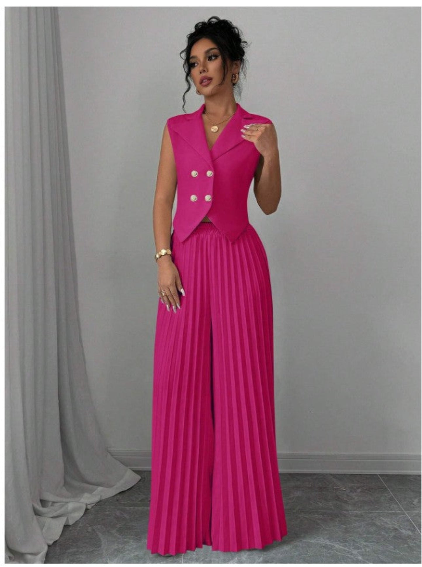 Summer Sleeveless Suit Fashion Lapel Button Vest Top And Pleated Straight Pants Women's Trousers Set Clothing