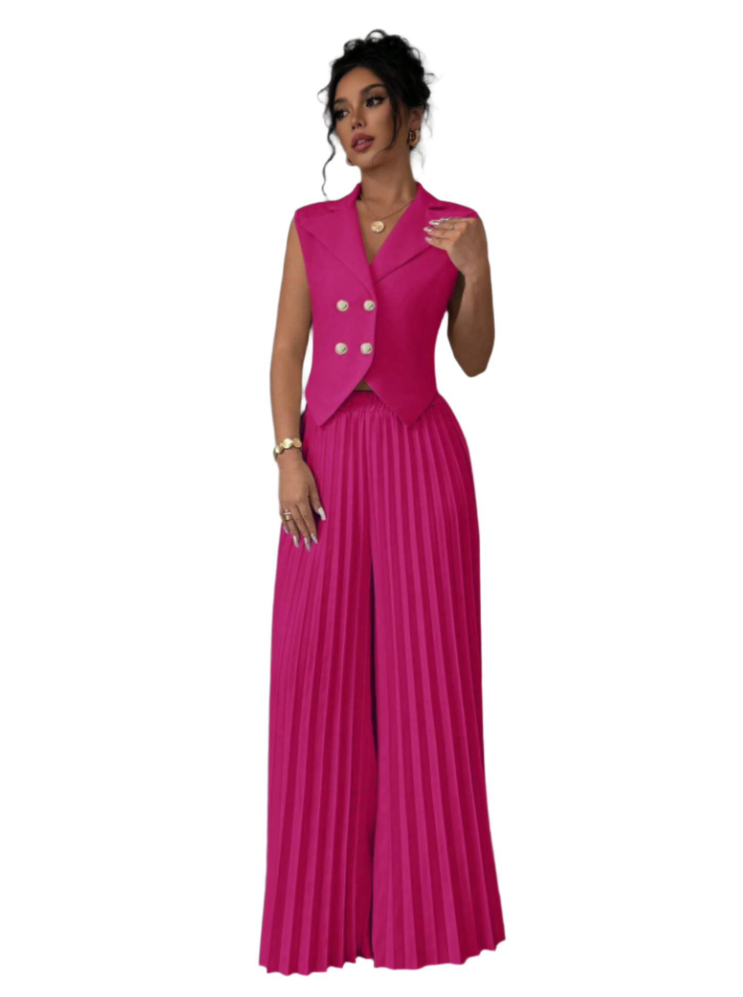 Summer Sleeveless Suit Fashion Lapel Button Vest Top And Pleated Straight Pants Women's Trousers Set Clothing