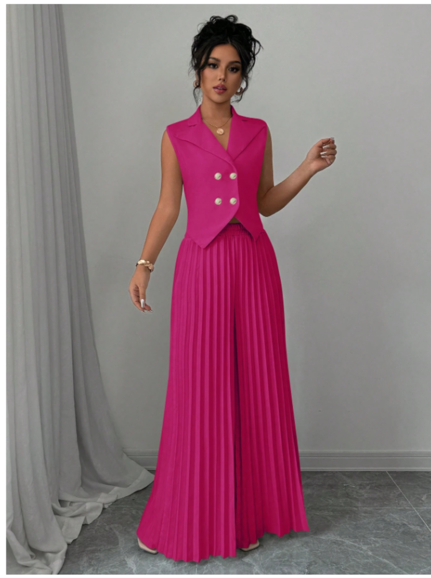 Summer Sleeveless Suit Fashion Lapel Button Vest Top And Pleated Straight Pants Women's Trousers Set Clothing