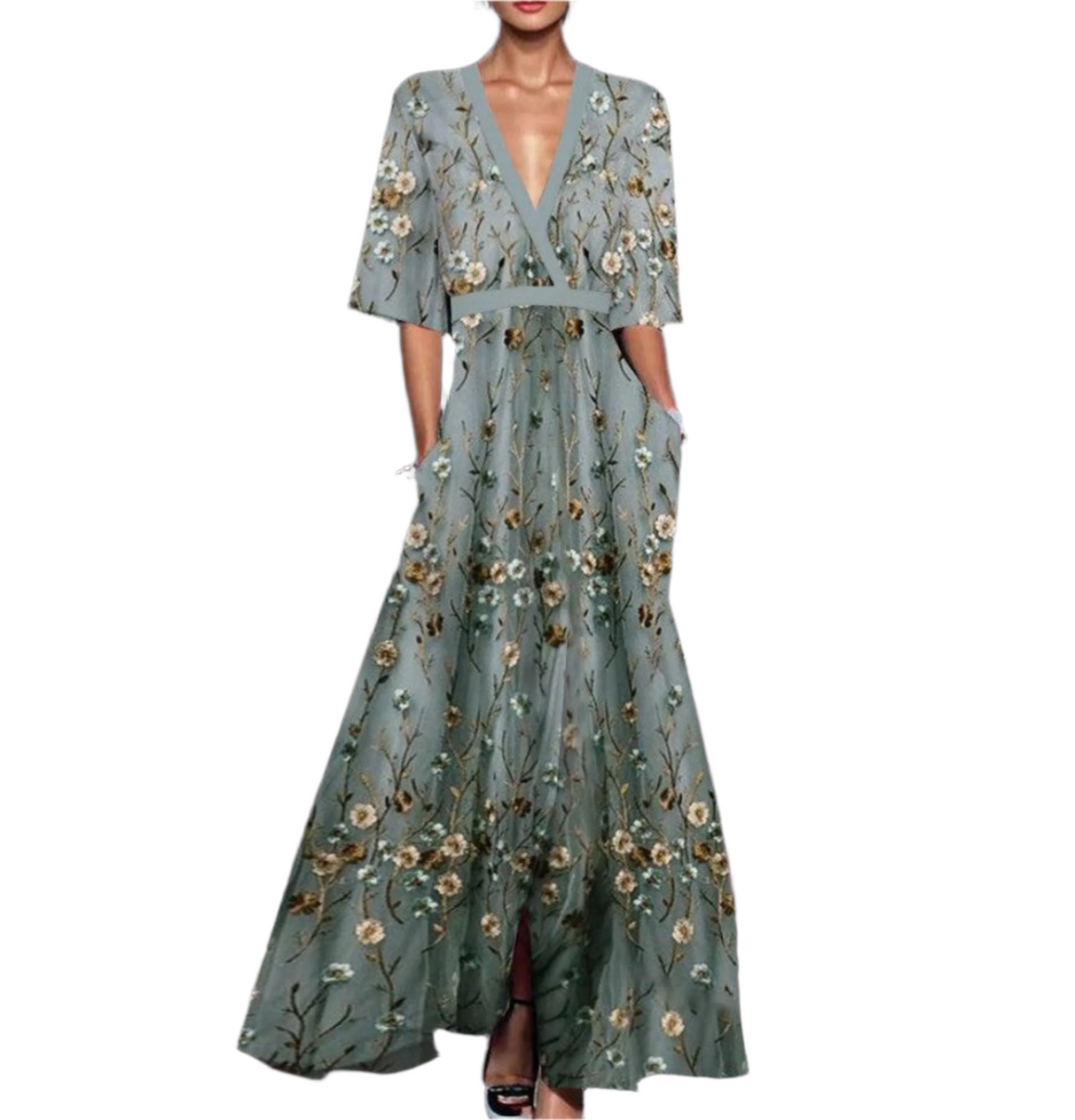 Summer V-neck Split Short-sleeved Dress Fashion Flower Print A-line Long Dresses Party Club Beach Clothing For Women