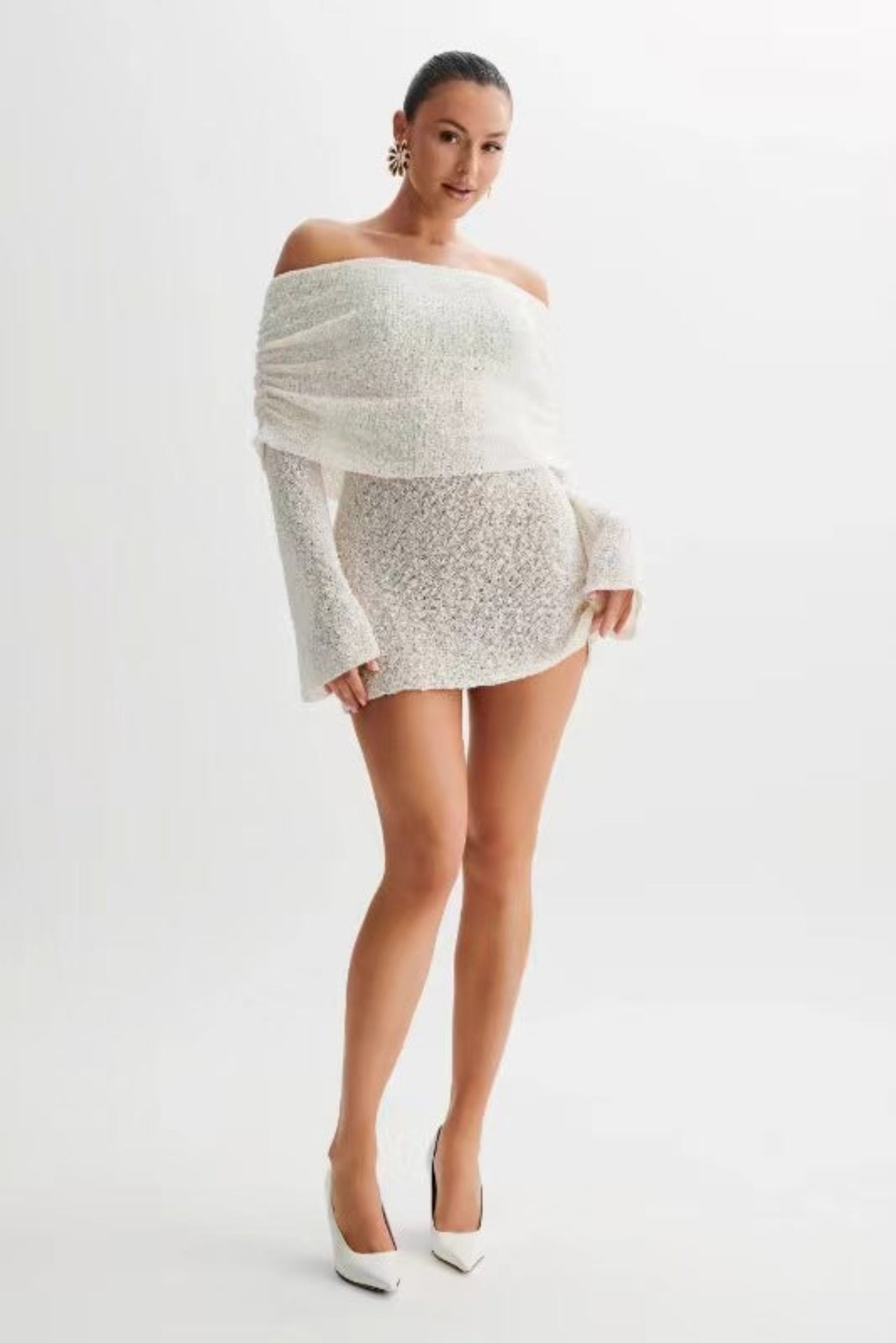 Women's Hollow-out Long-sleeved Off-shoulder Dress Short Skirt