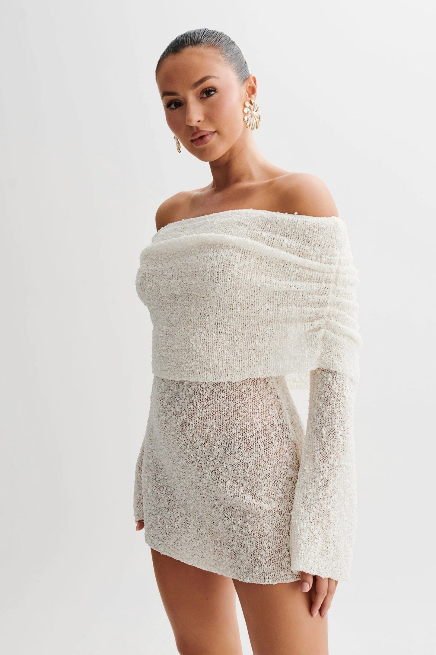 Women's Hollow-out Long-sleeved Off-shoulder Dress Short Skirt