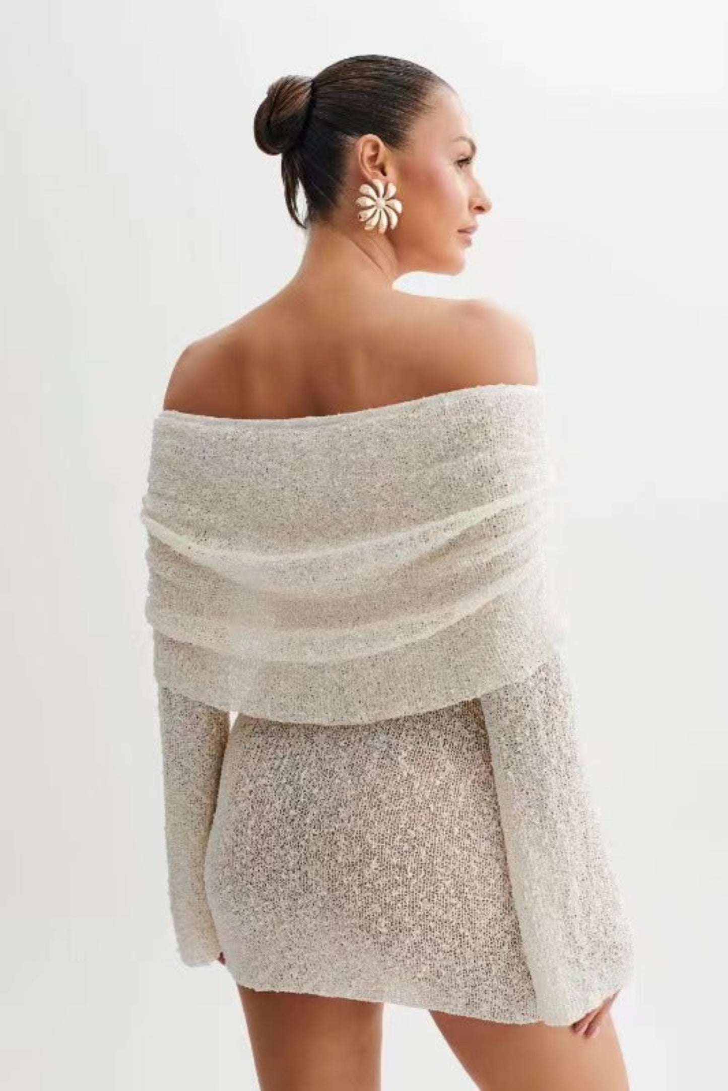 Women's Hollow-out Long-sleeved Off-shoulder Dress Short Skirt