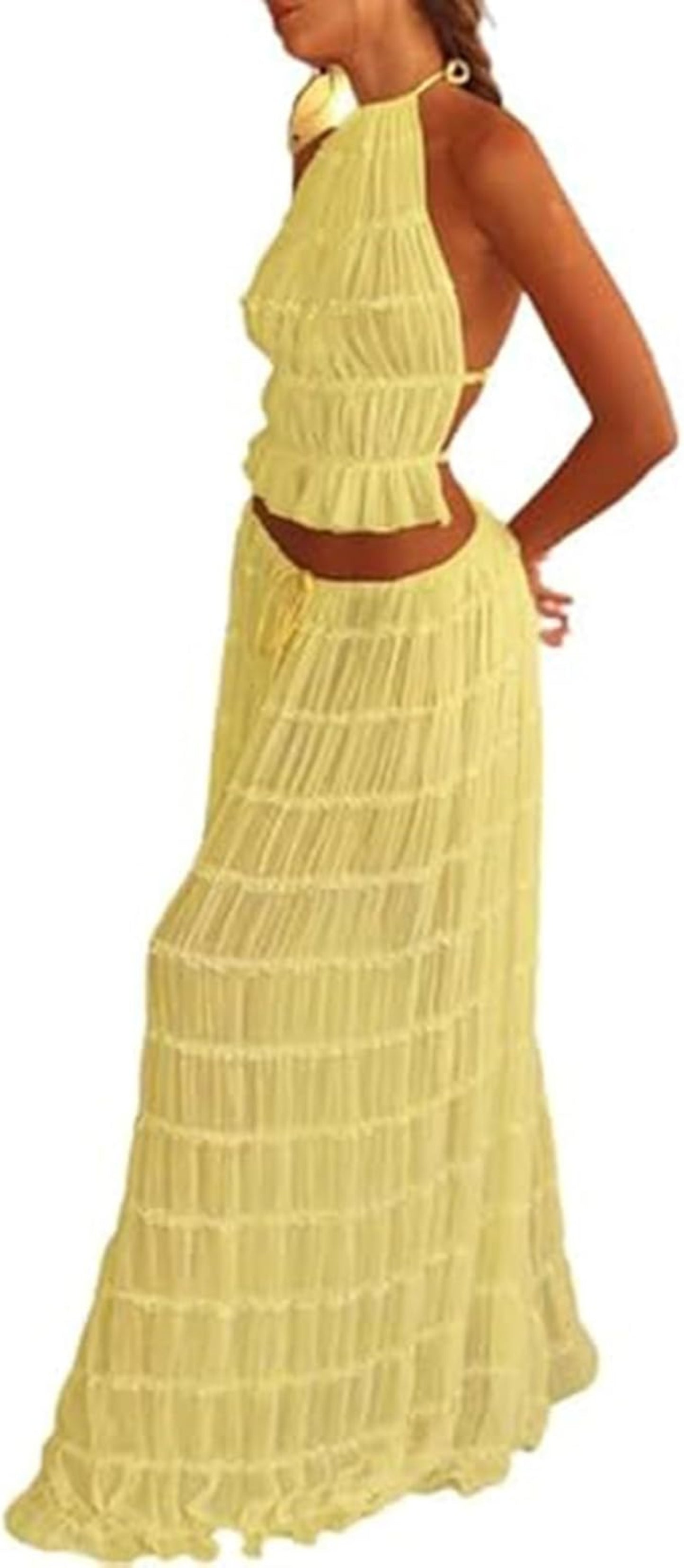 2pcs Women's Dress Suit Sexy Sleeveless Backless Cropped Halter Top And Pleated Long Skirt Beach Clothing