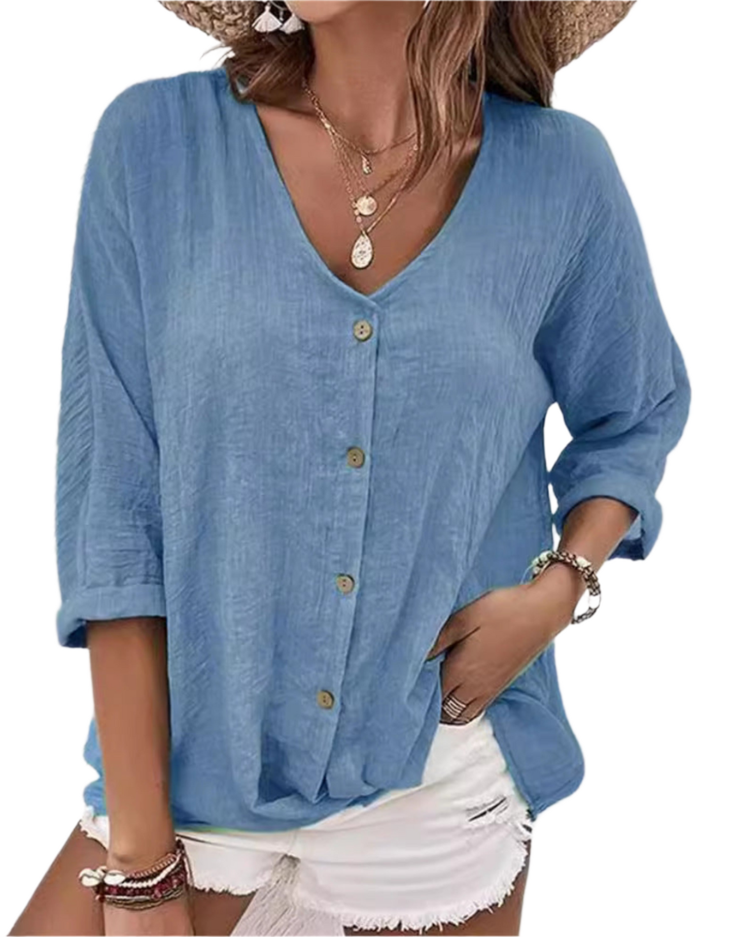 V-neck Long-sleeved T-shirt Fashion Solid Color Button Top Casual Loose Clothing For Women