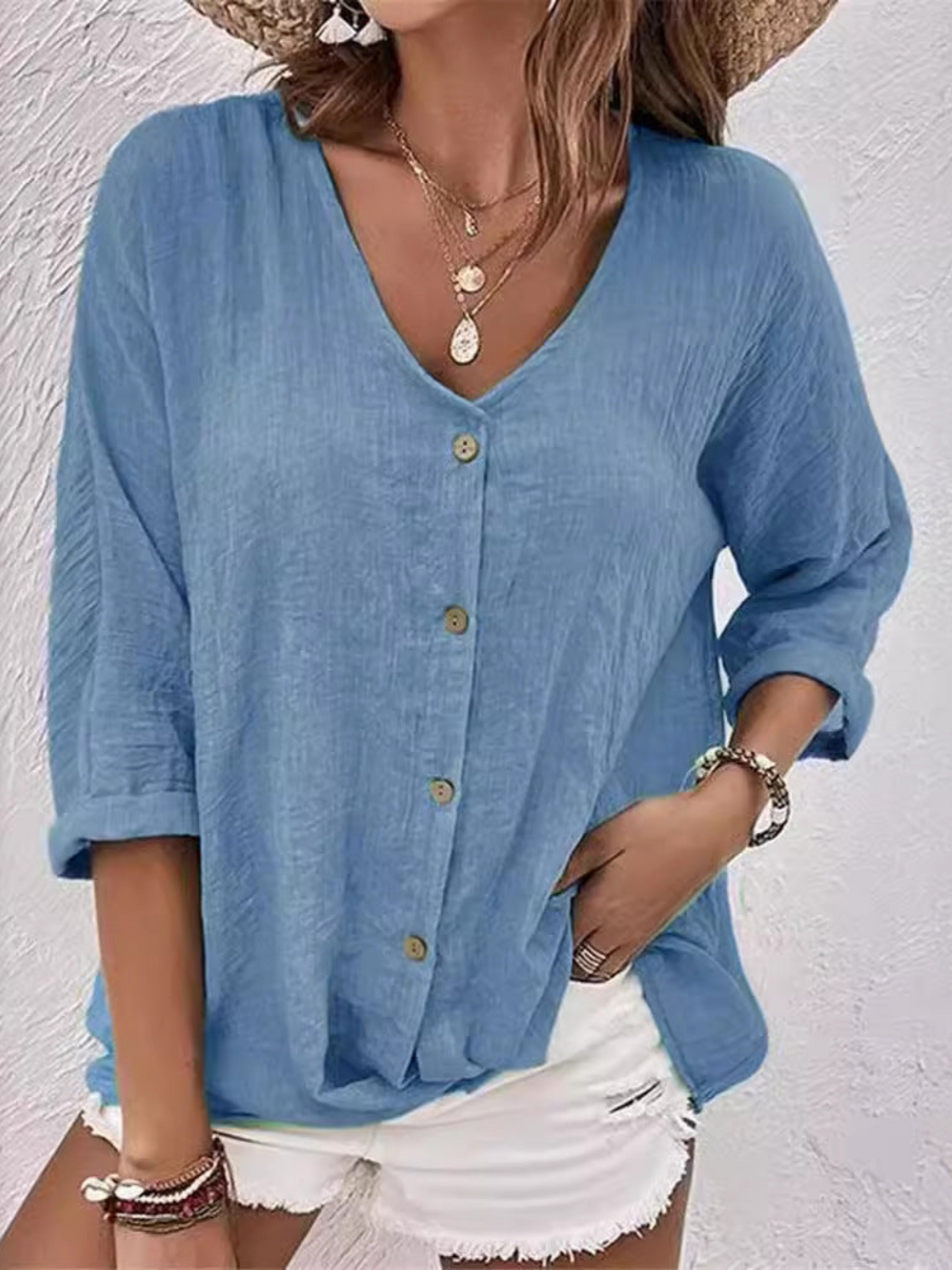 V-neck Long-sleeved T-shirt Fashion Solid Color Button Top Casual Loose Clothing For Women