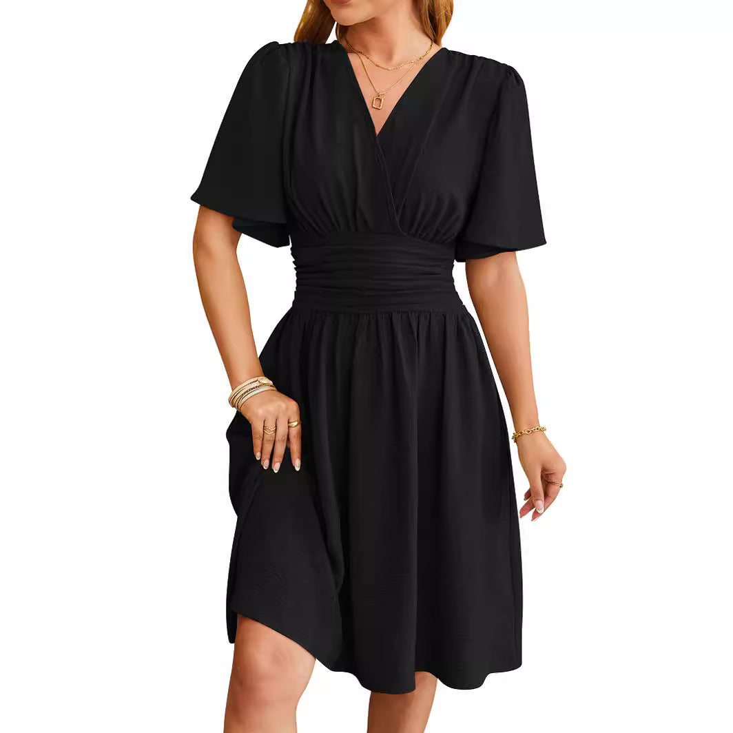 V-neck Fitted Waist Flare-sleeve Fashion Dress Women