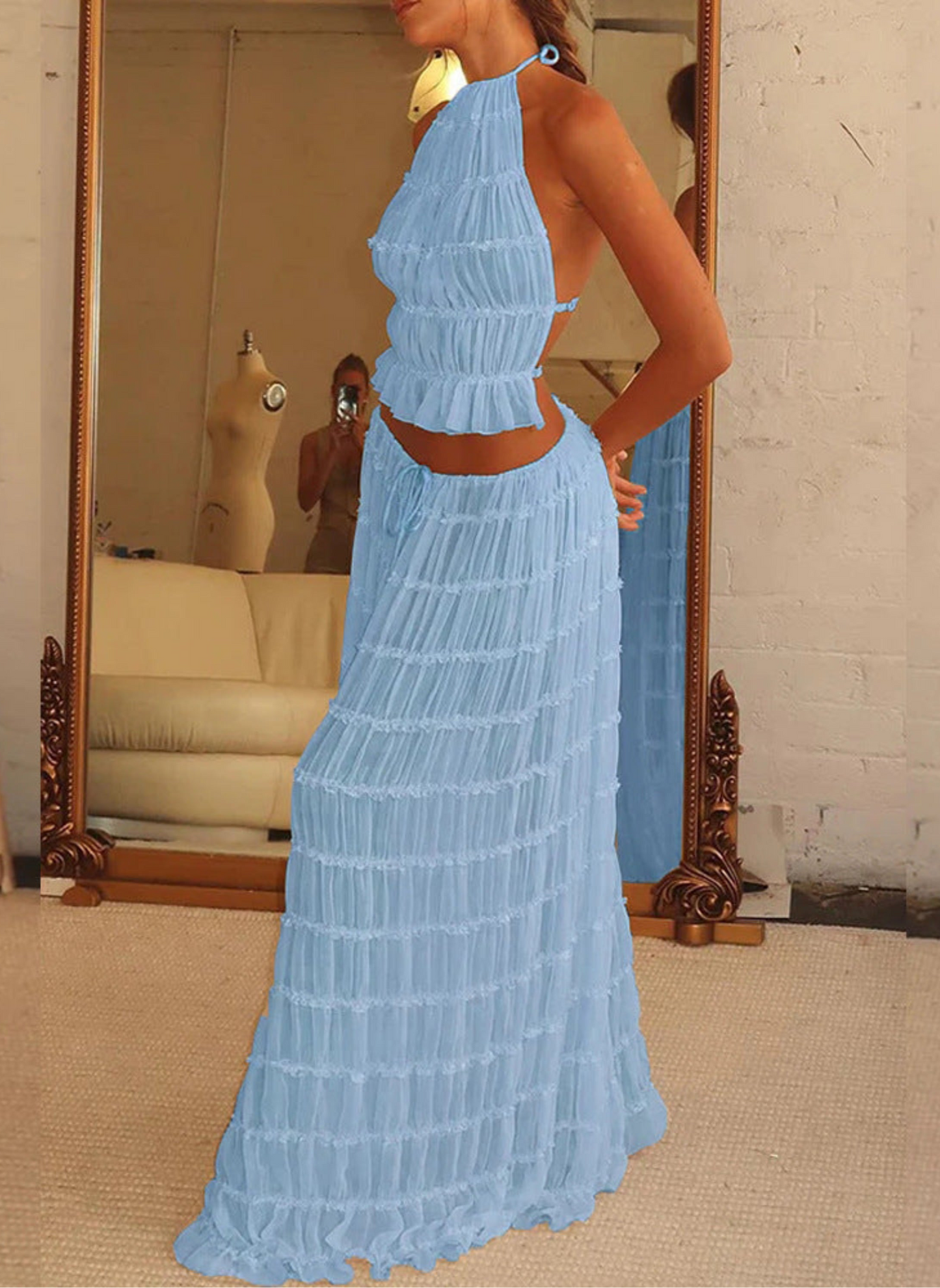 2pcs Women's Dress Suit Sexy Sleeveless Backless Cropped Halter Top And Pleated Long Skirt Beach Clothing