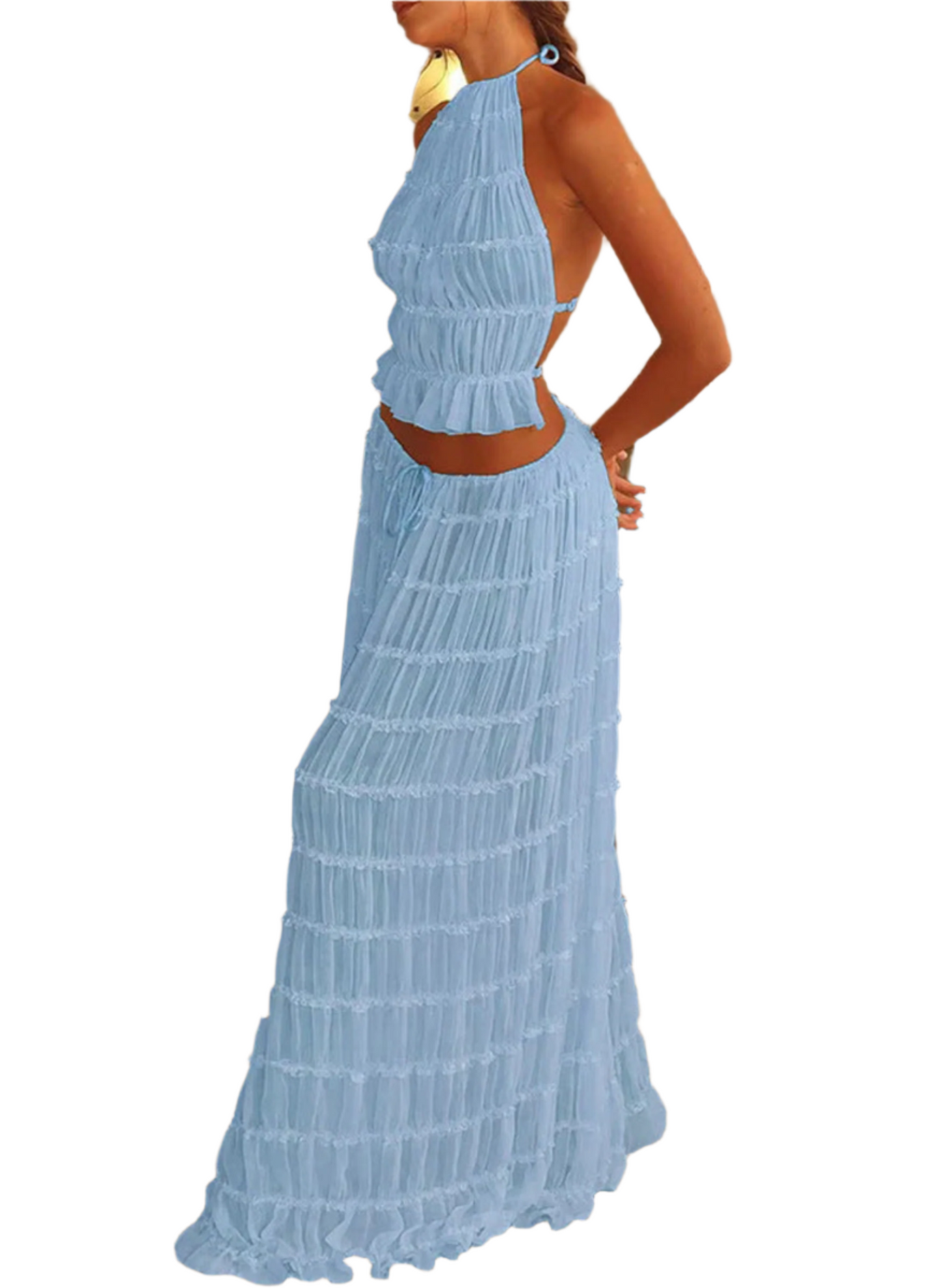 2pcs Women's Dress Suit Sexy Sleeveless Backless Cropped Halter Top And Pleated Long Skirt Beach Clothing