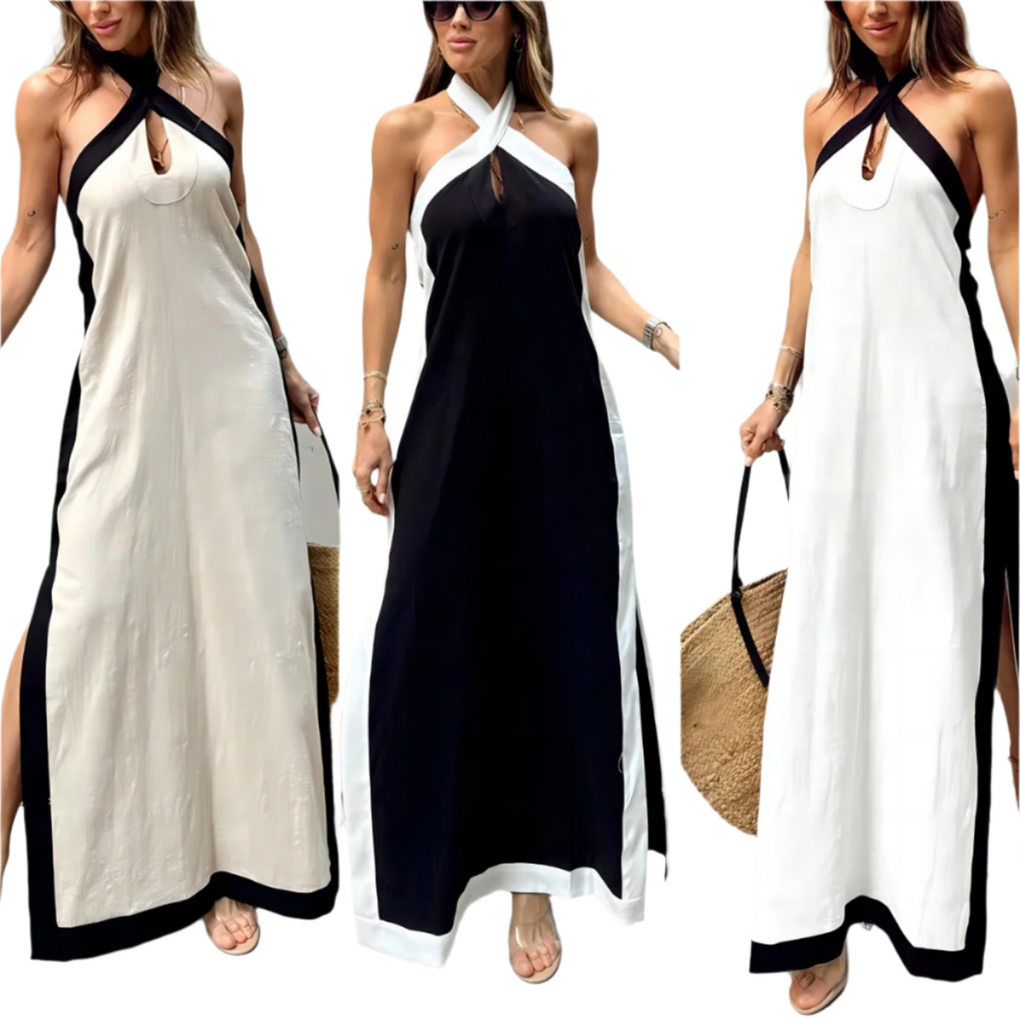 Cotton And Linen Backless Halter Split Dress